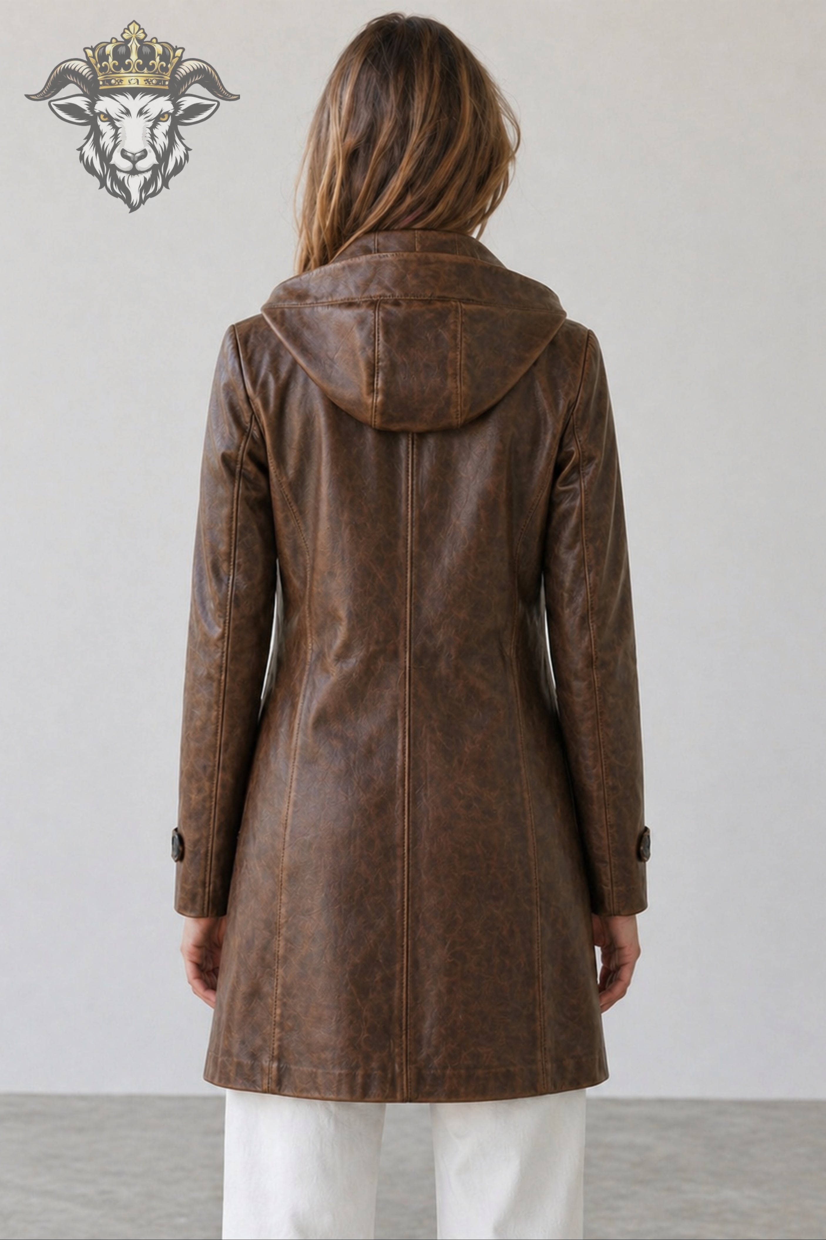 Women’s Distress Brown Real Leather Hooded Coat