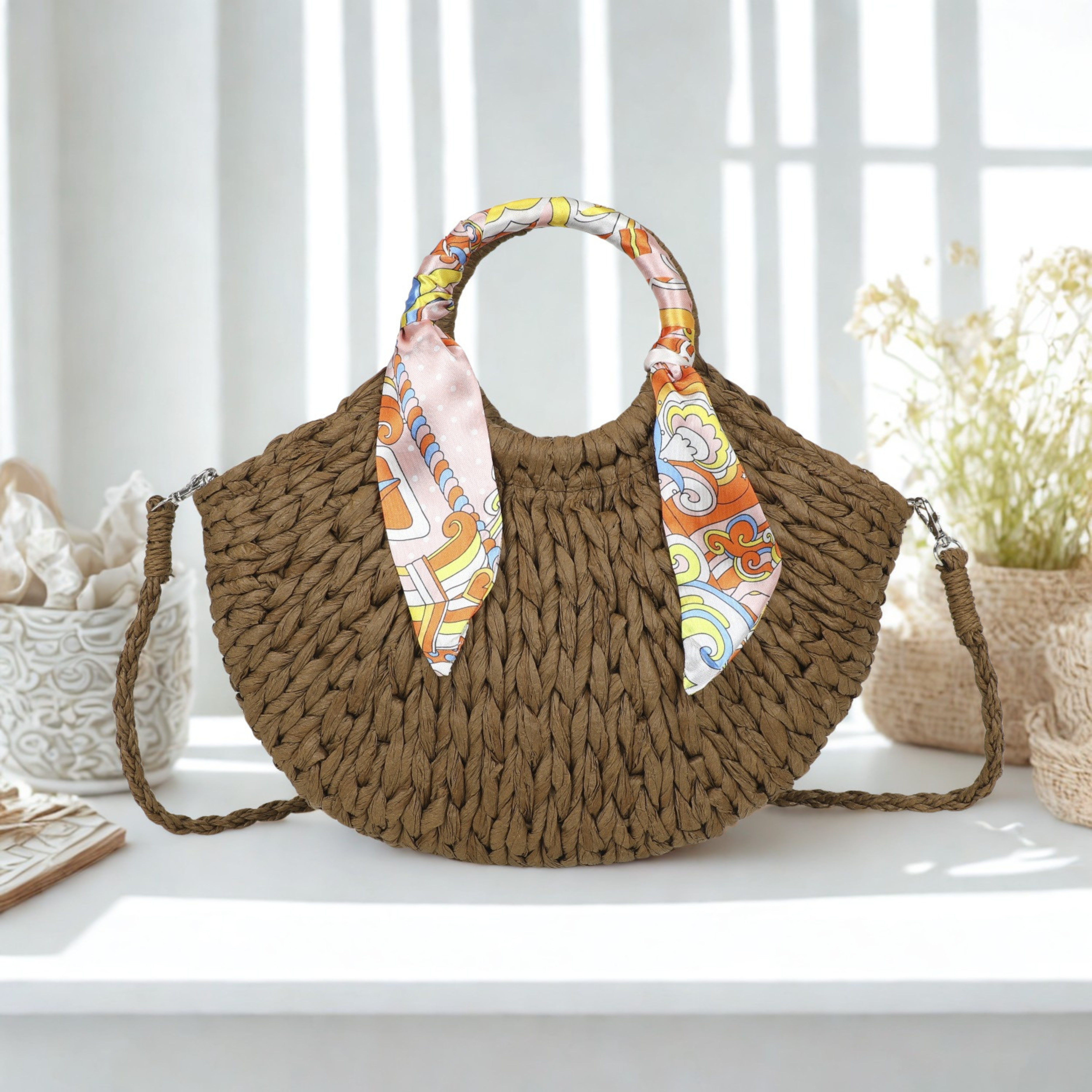 Women’s Synthetic Handbag with Detachable Strap & Scarf – Zip Top Closure Multiway Crossbody Shoulder Bag