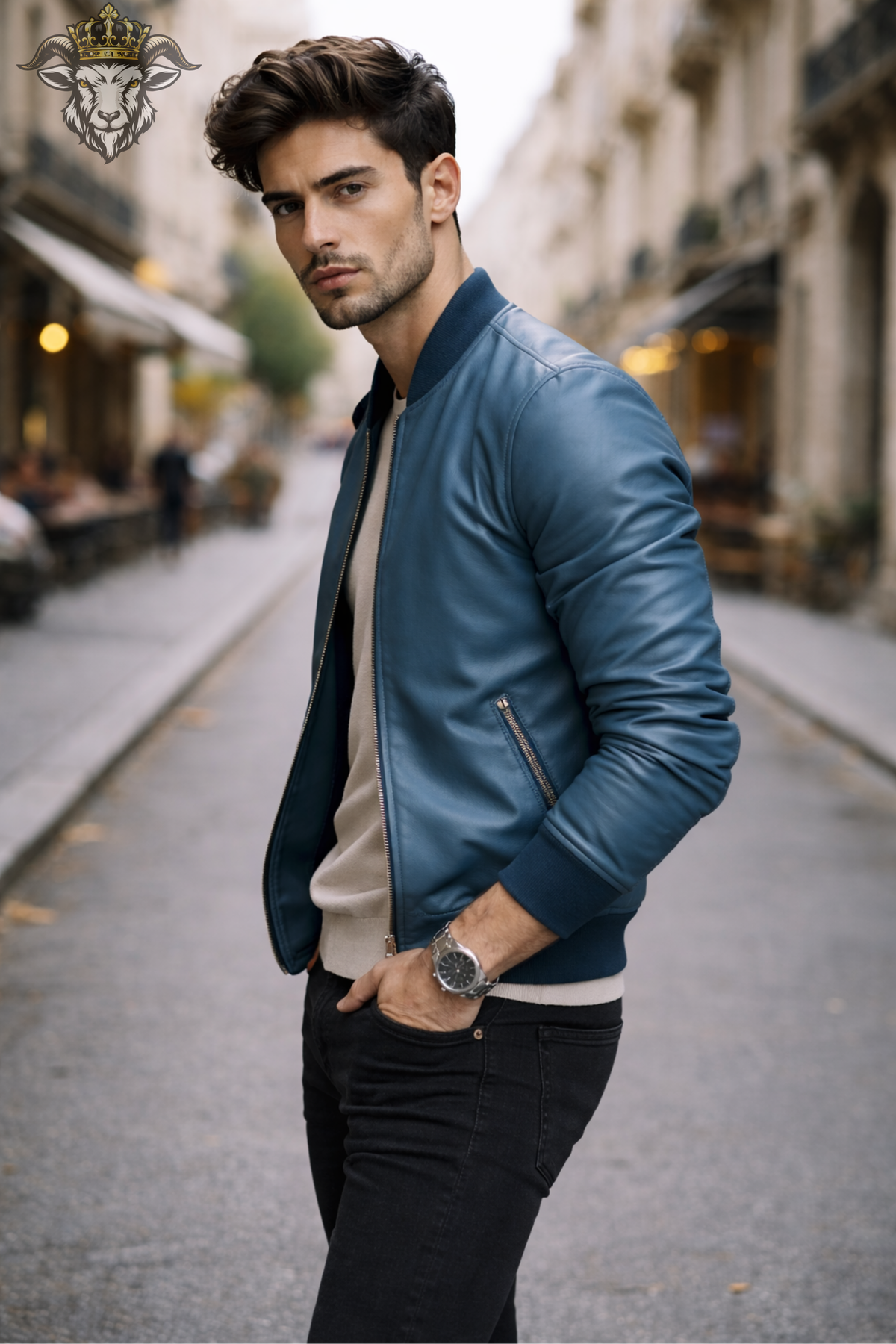 Men's Cyan Leather Bomber Jacket, Slim Fit Zip-Up Jacket, Ribbed Collar Streetwear Outerwear, Modern Casual Moto Jacket