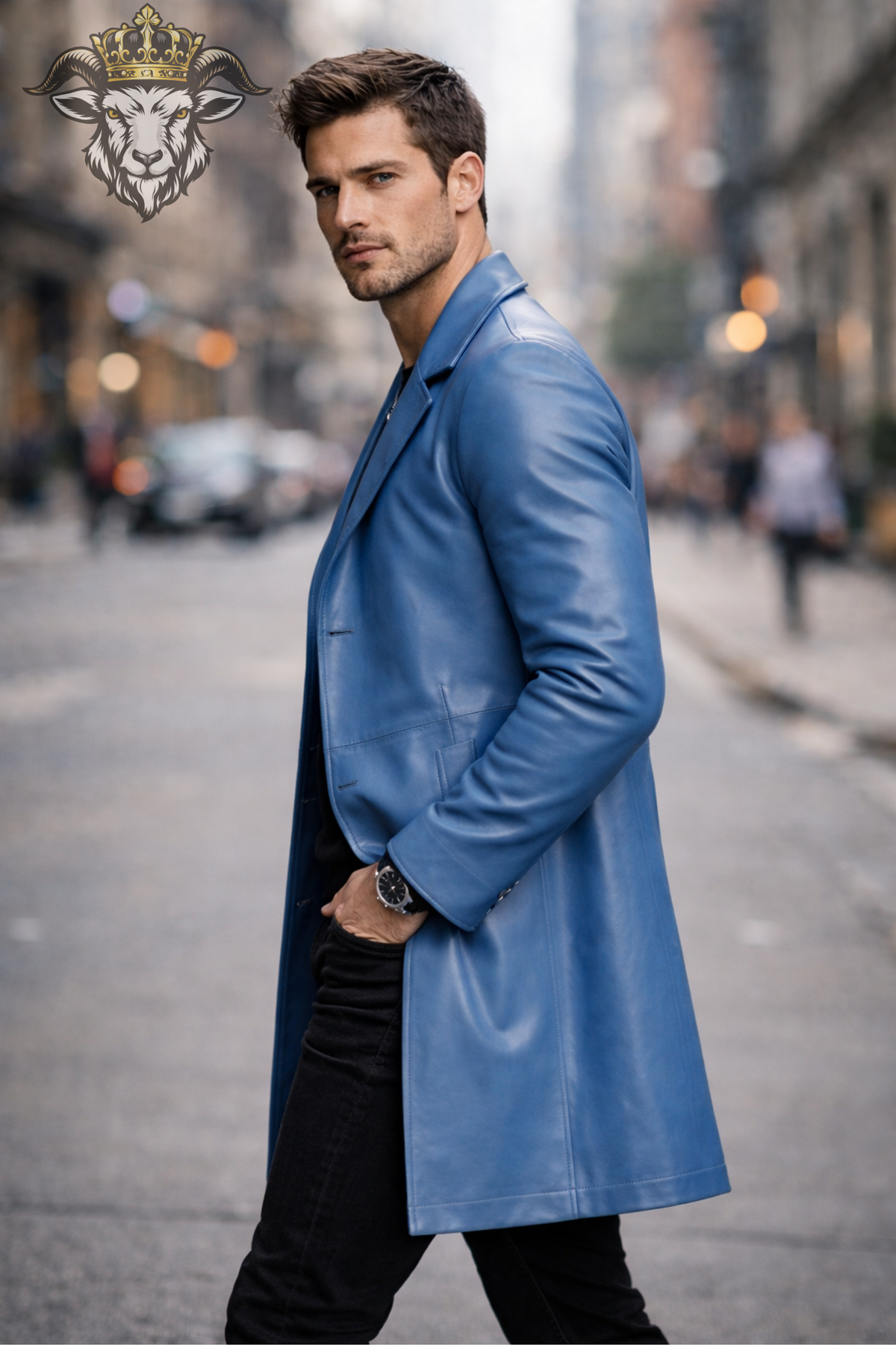 Men's Sky Blue Leather Overcoat, Slim Fit Long Coat, Notch Lapel Jacket, Three Button Front, Modern Designer Style Outerwear