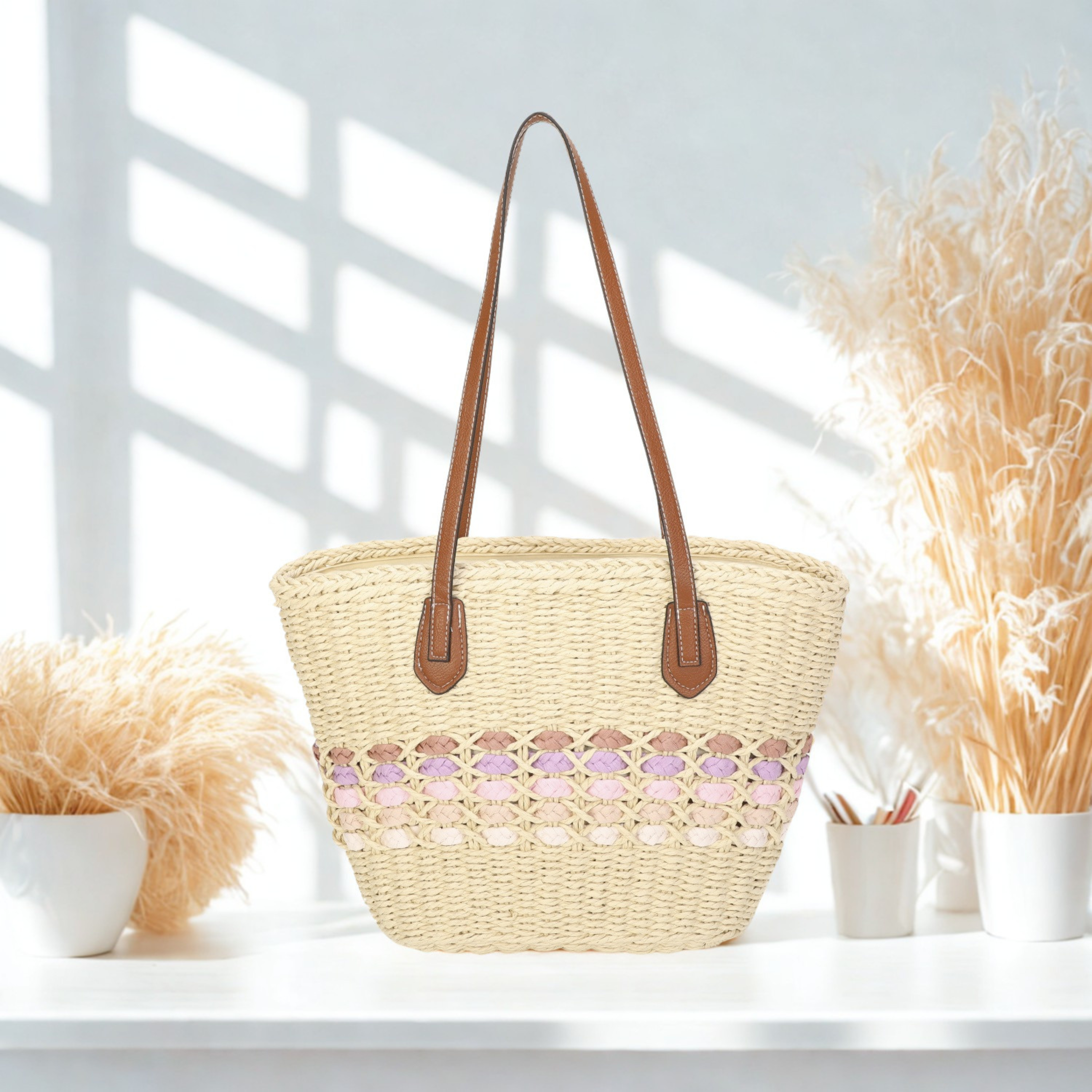 Women’s Straw Tote Bag – Large Summer Beach Handbag, Silver Tone Hardware & Interior Pocket