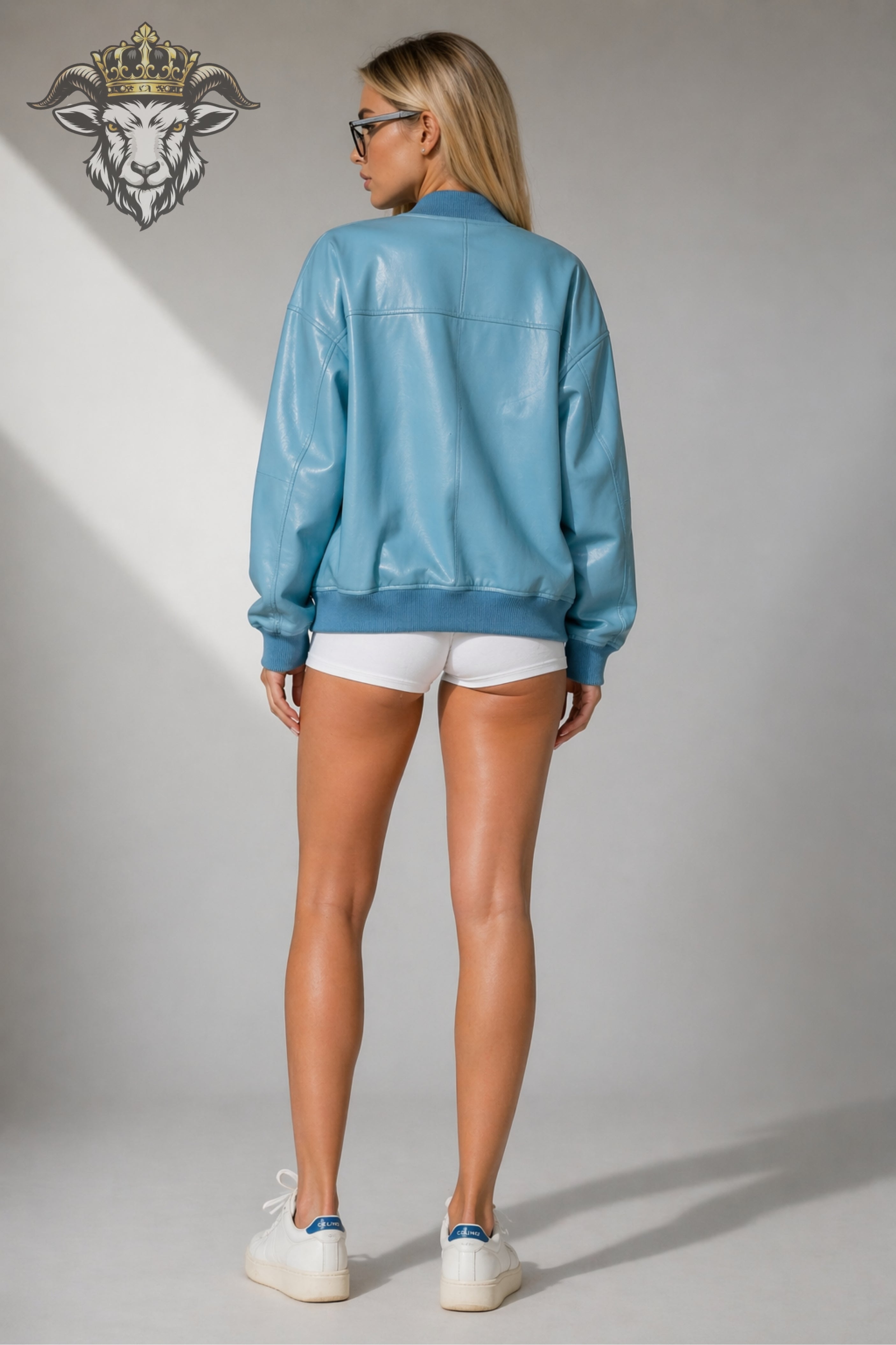 Women’s Cyan Oversize Real Leather Bomber Jacket