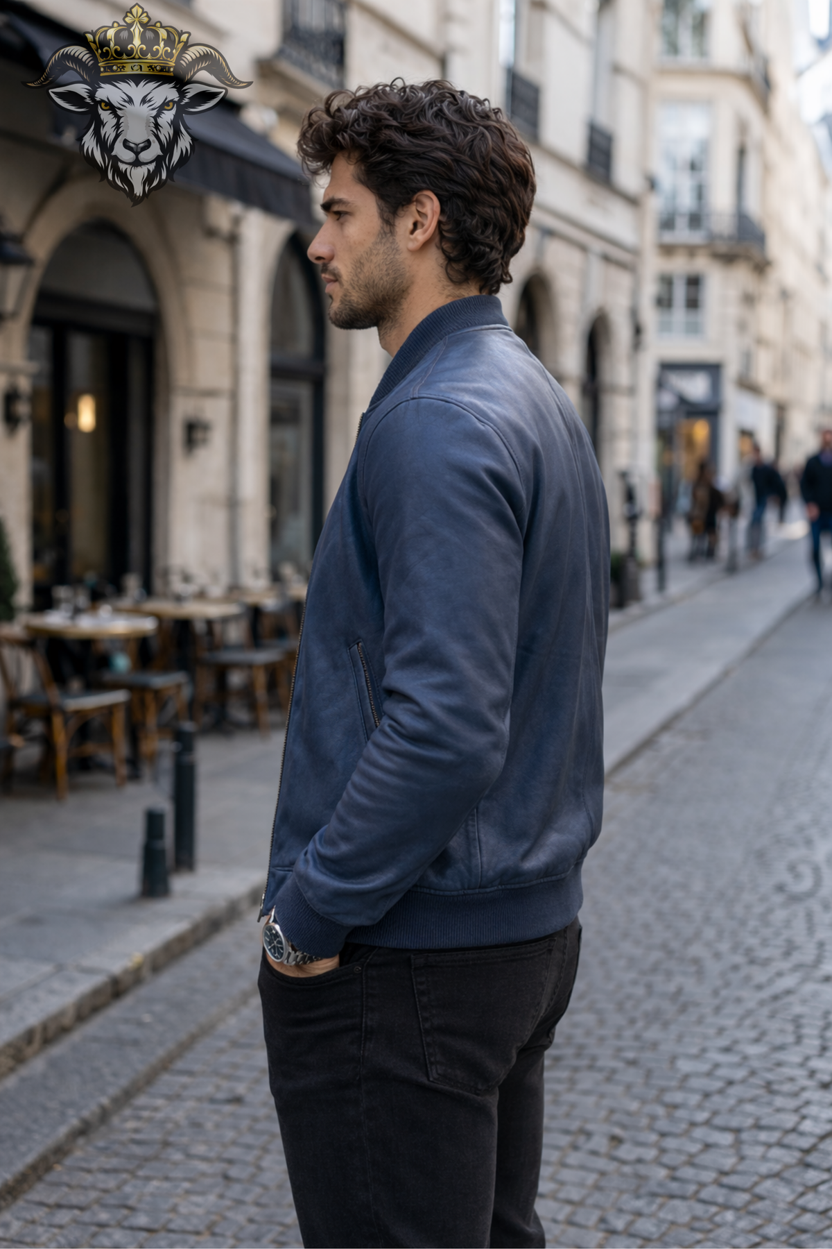 Men's Blue Leather Bomber Jacket, Classic Zip Front Jacket, Ribbed Collar & Cuffs, Modern Casual Streetwear, Stylish Men's Outerwear