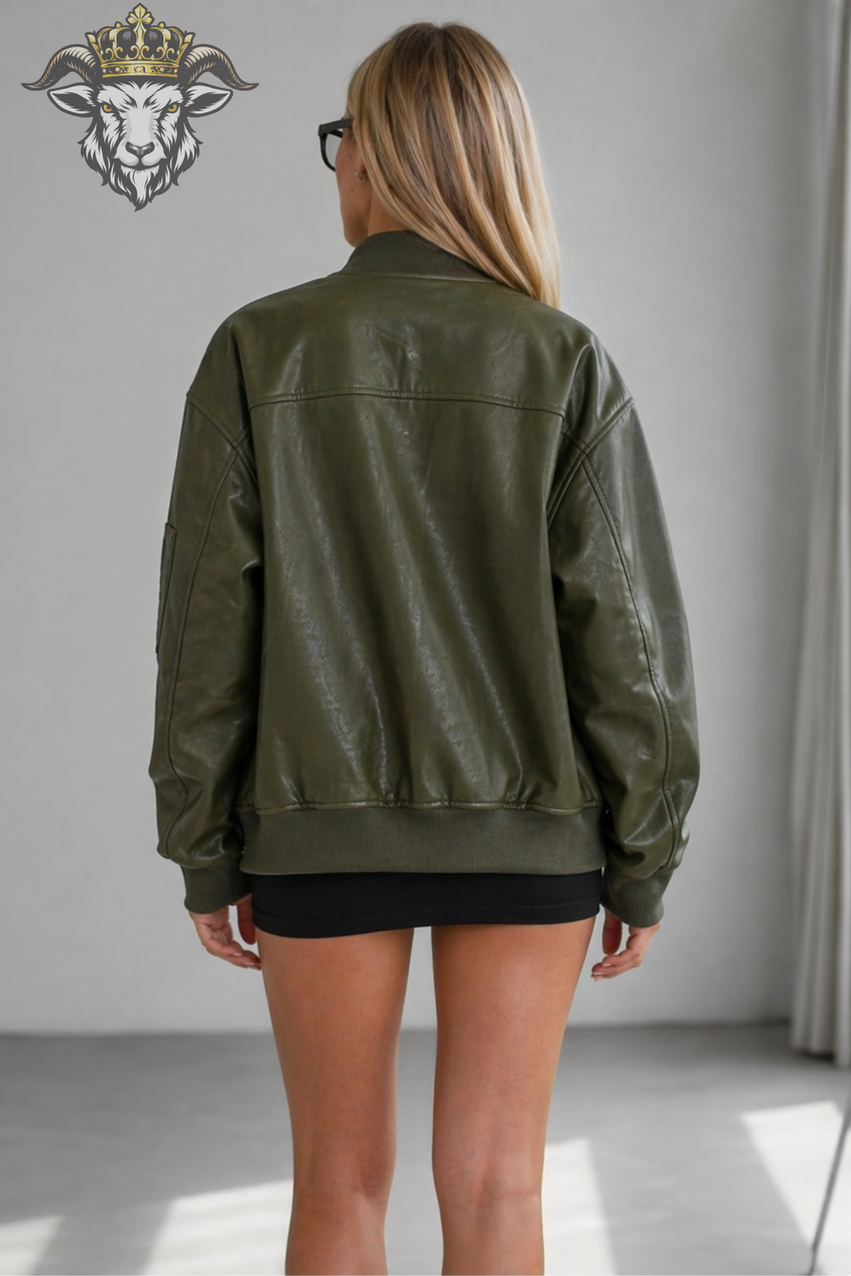 Women's Olive Green Leather Bomber Jacket, Oversized Zip Jacket, Relaxed Fit Streetwear Outerwear, Ribbed Collar Casual Jacket