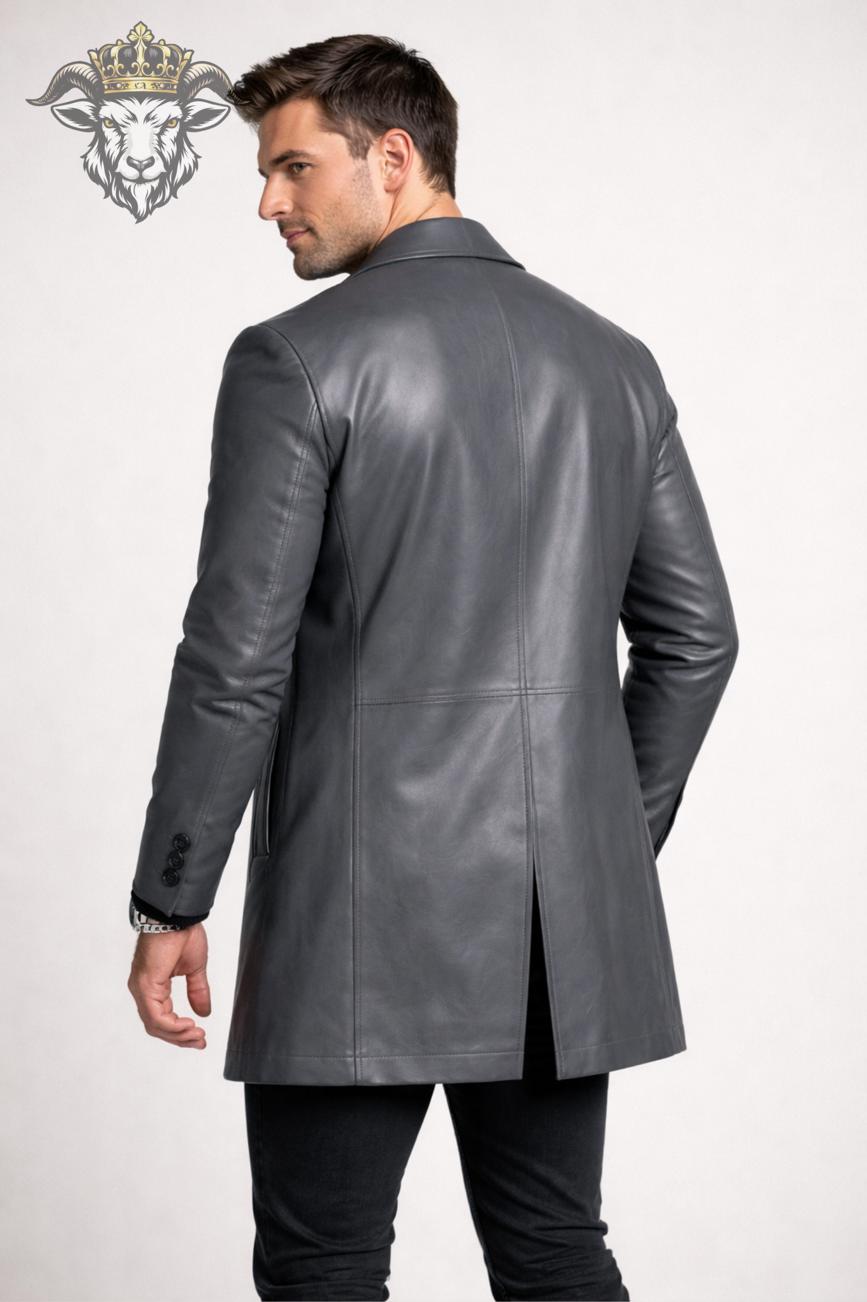 Men’s Grey Real Leather Coat – Mid-Thigh Premium Tailored Leather Overcoat for Men | Classic Modern Fit Jacket