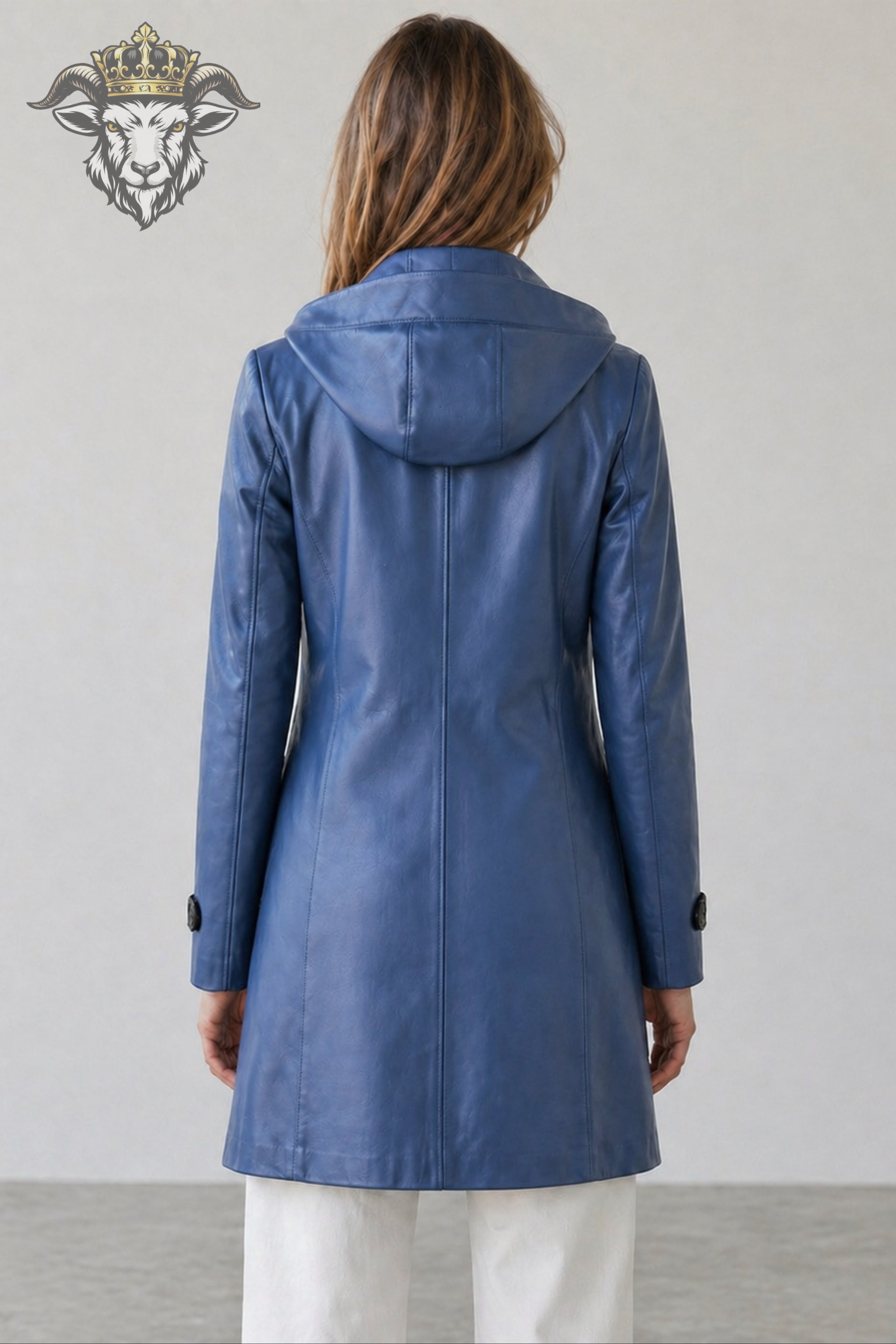 Women’s Blue Real Leather Hooded Coat