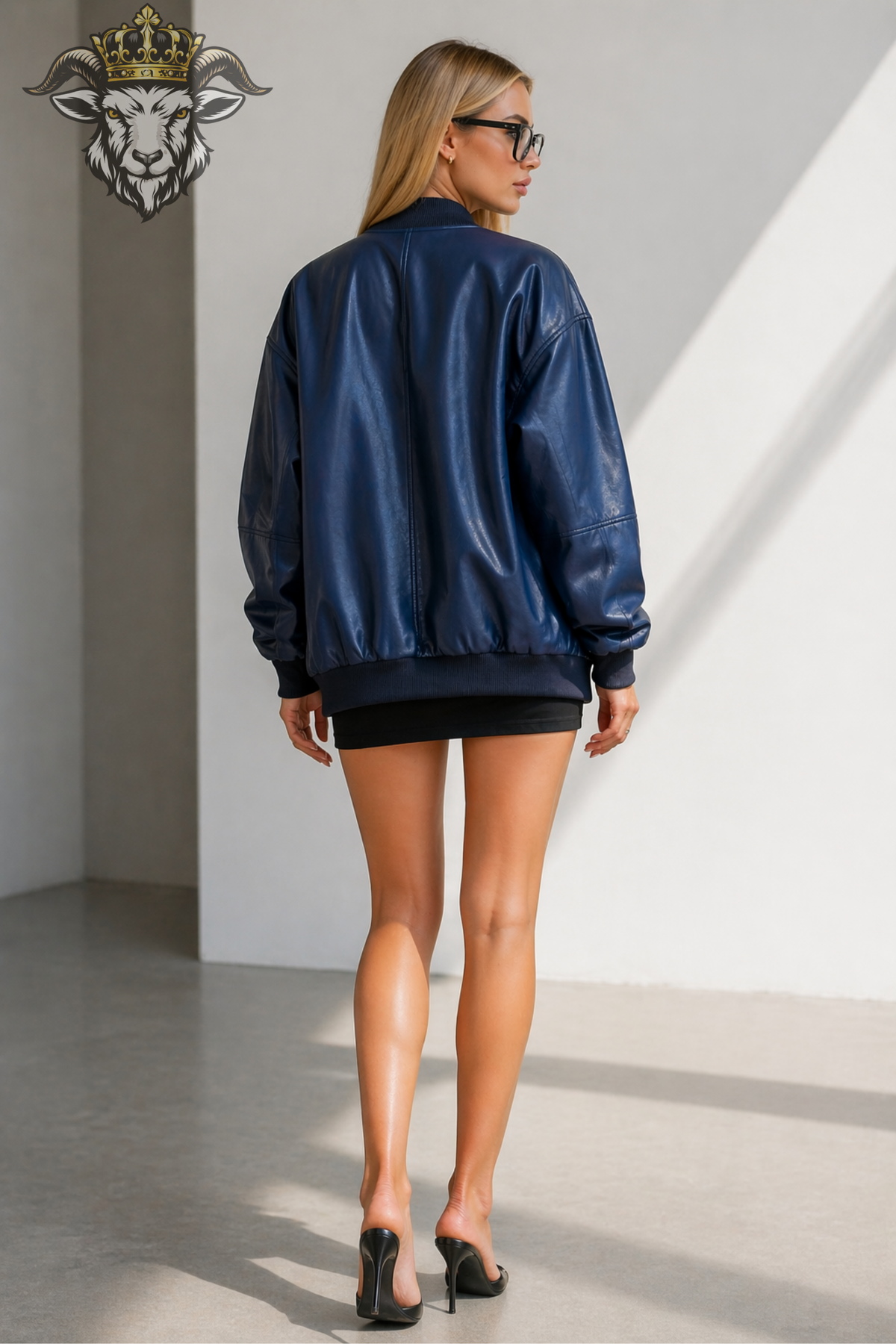 Women's Navy Blue Bomber Jacket, Oversized Glossy Leather Look Jacket, Ribbed Collar Zip Up Outerwear, Modern Streetwear Fashion
