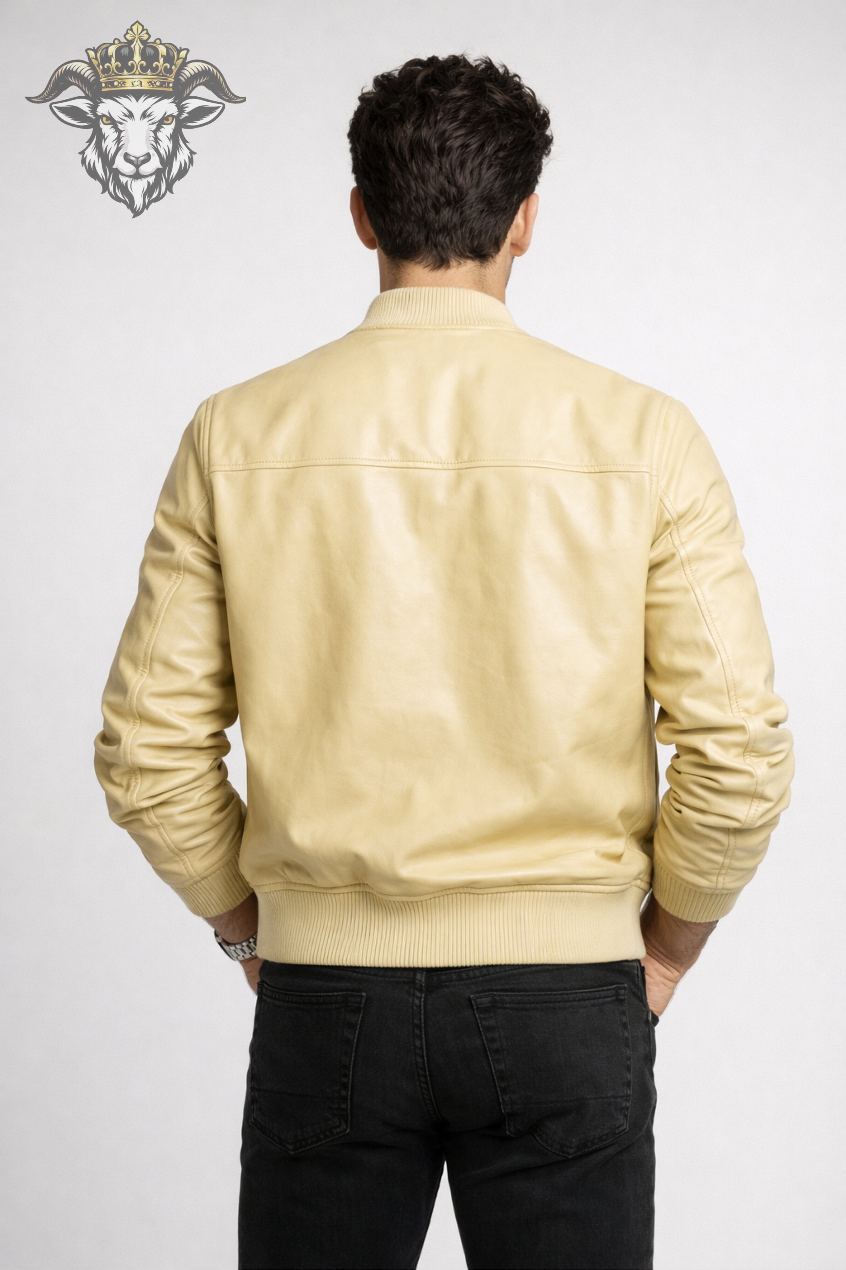 Pale Yellow Real Leather Bomber Jacket for Men
