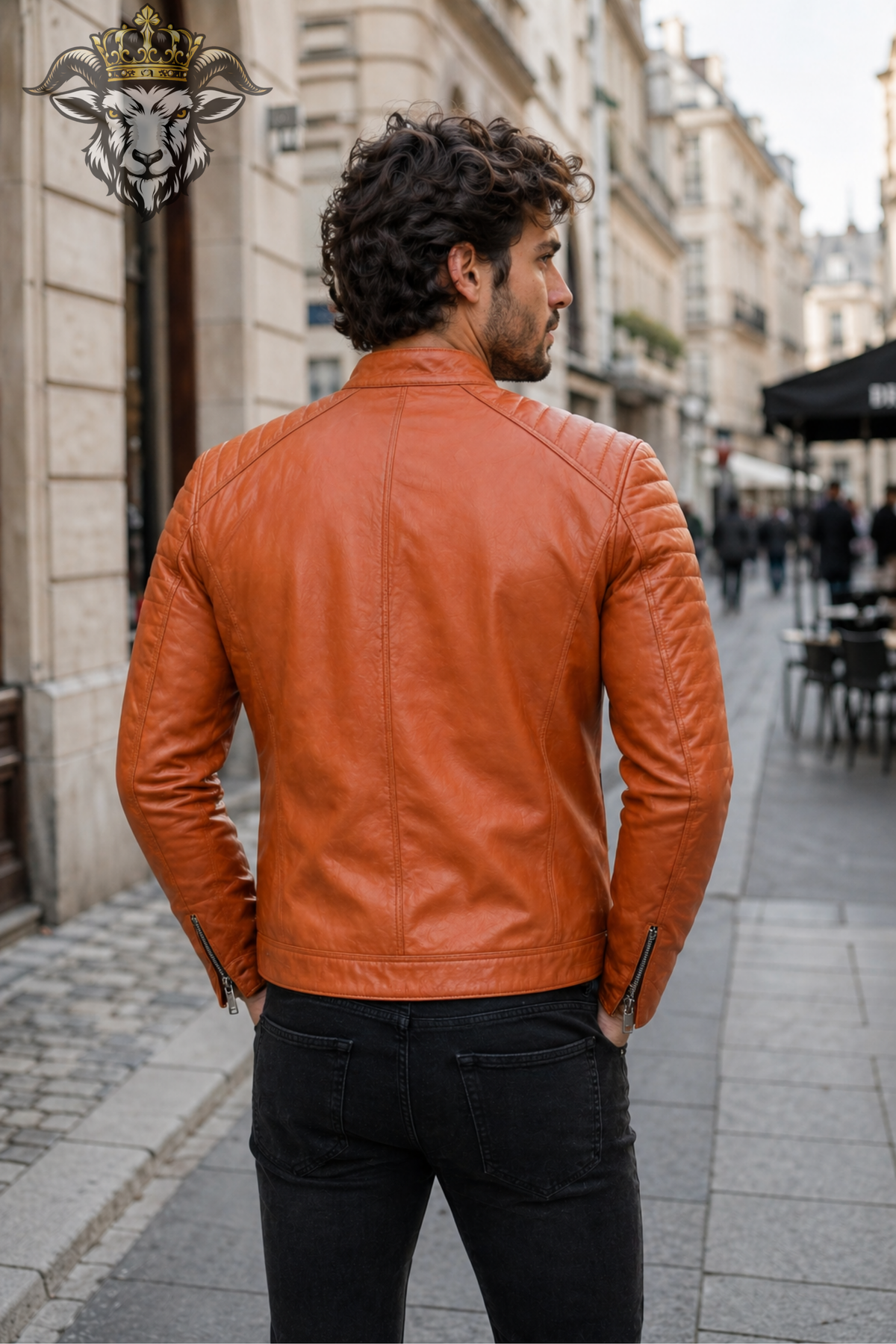 Men's Orange Real Leather Biker Jacket, Slim Fit Cafe Racer Motorcycle Jacket, PLANIO Zip Front Moto Jacket, Quilted Shoulder Outerwear
