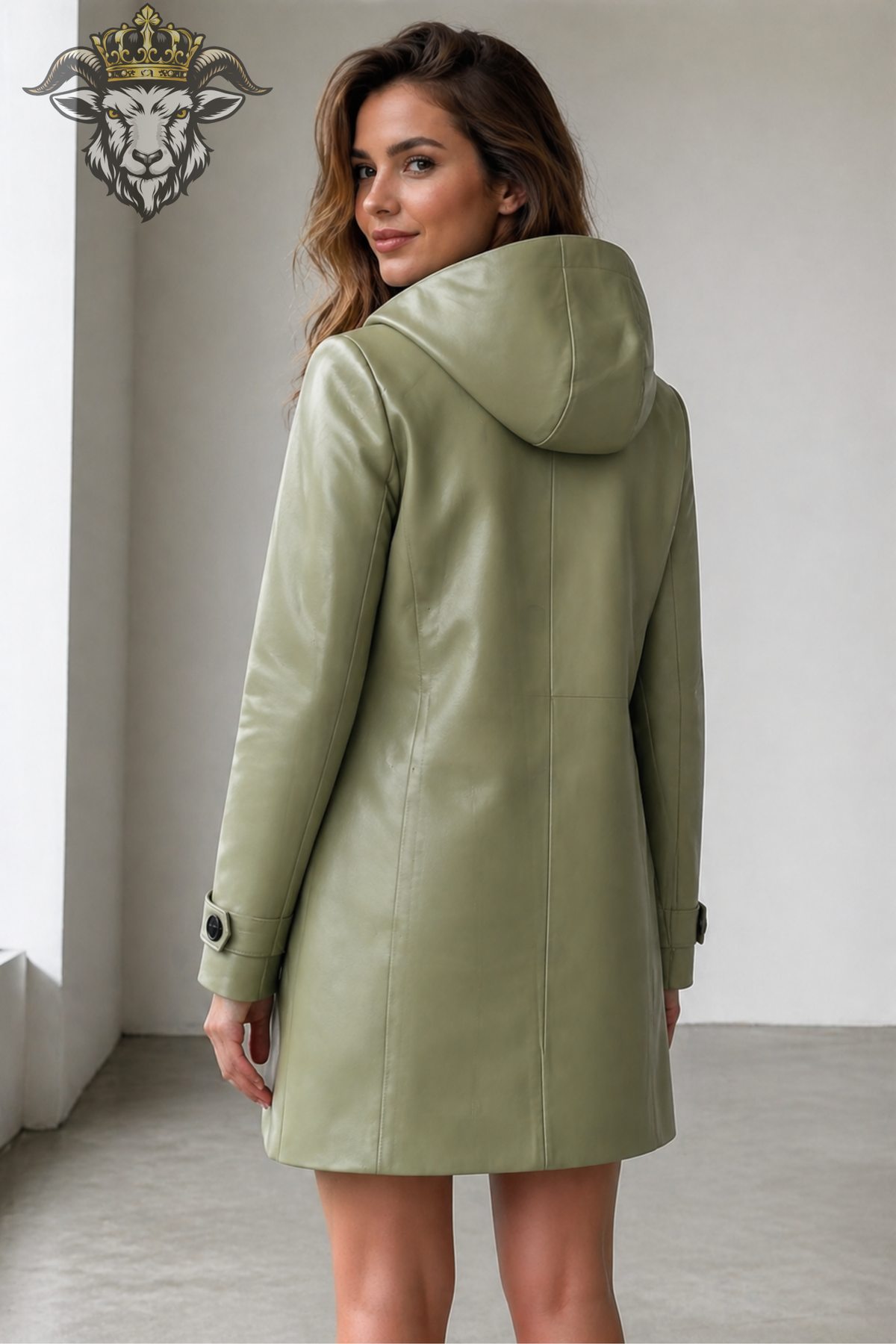 Sage Green Hooded Leather Coat for Women, Tailored Long Jacket, Matte Leather Outerwear, Button Front Coat, Minimalist Fall Fashion