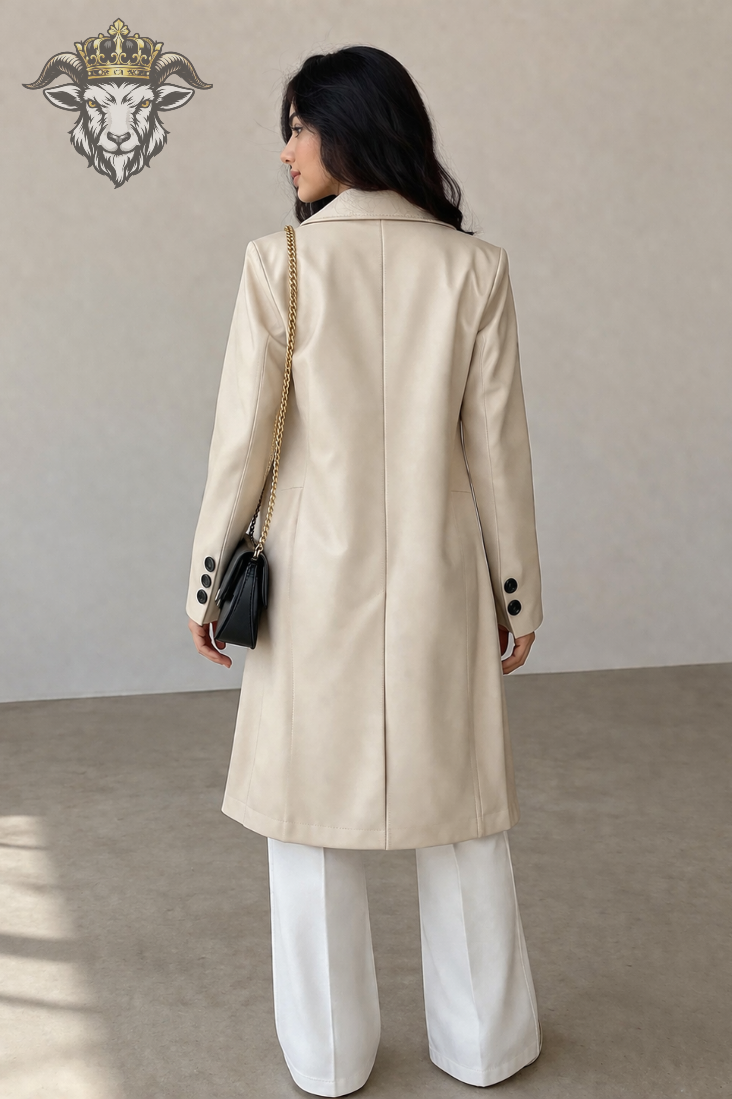 Women’s Cream Real Leather Mid-Length Coat