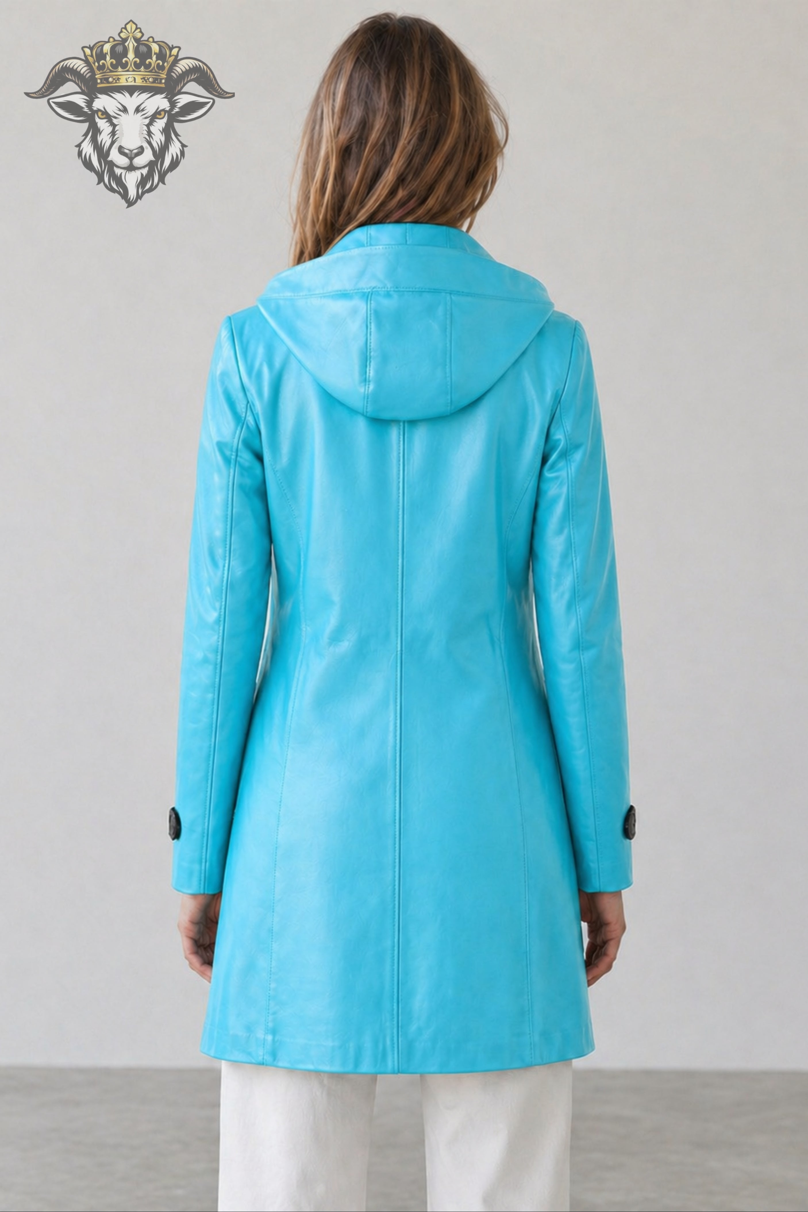 Women’s Cyan Real Leather Hooded Coat