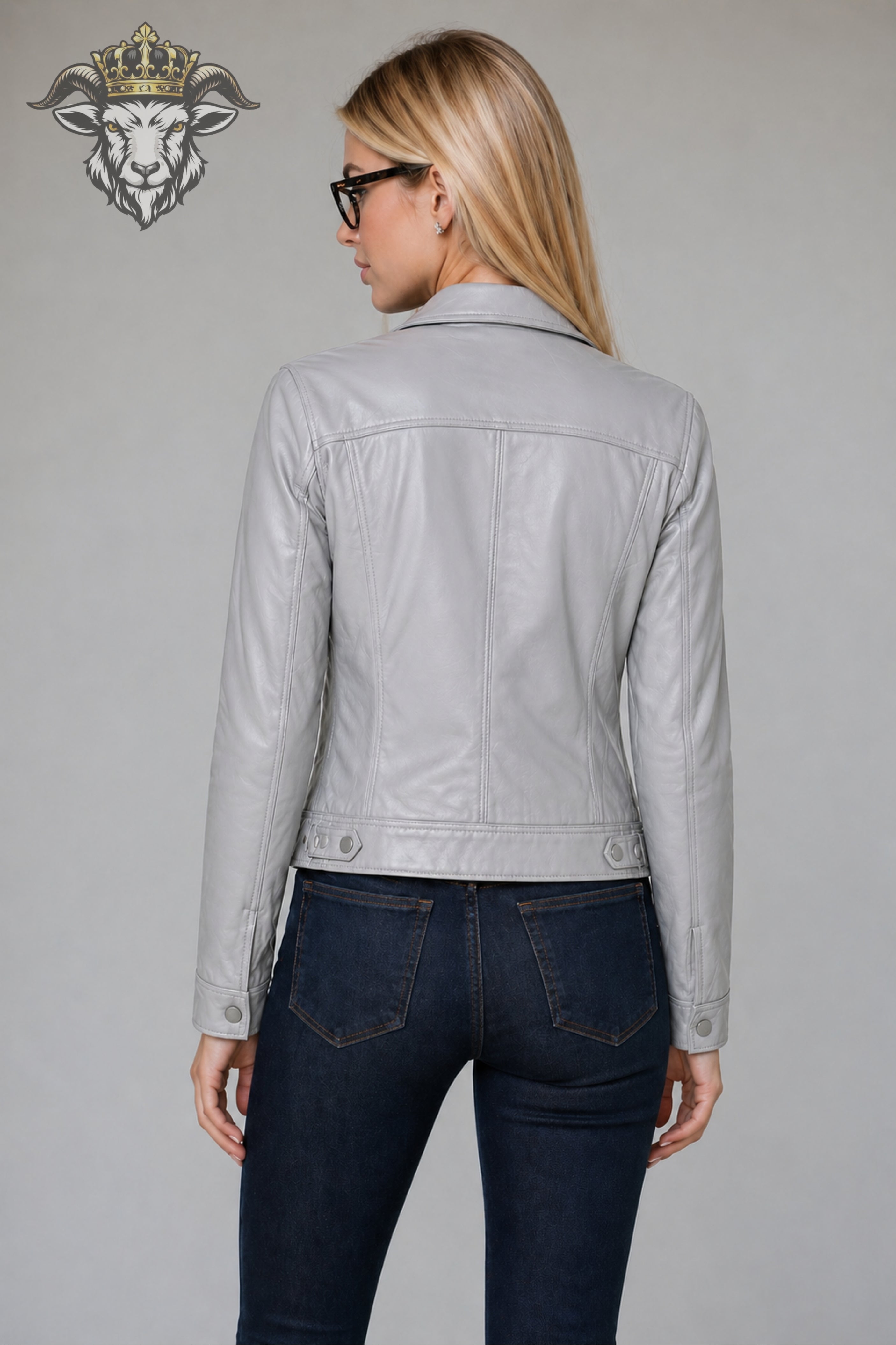 Women’s Light Grey Real Leather Trucker Jacket