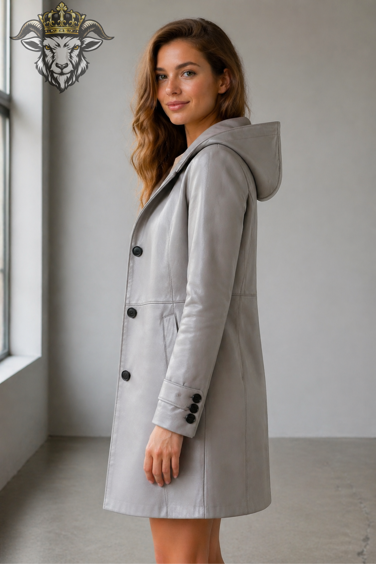 Women's Light Gray Leather Hooded Coat – Matte Finish Long Trench Jacket with Tailored Fit