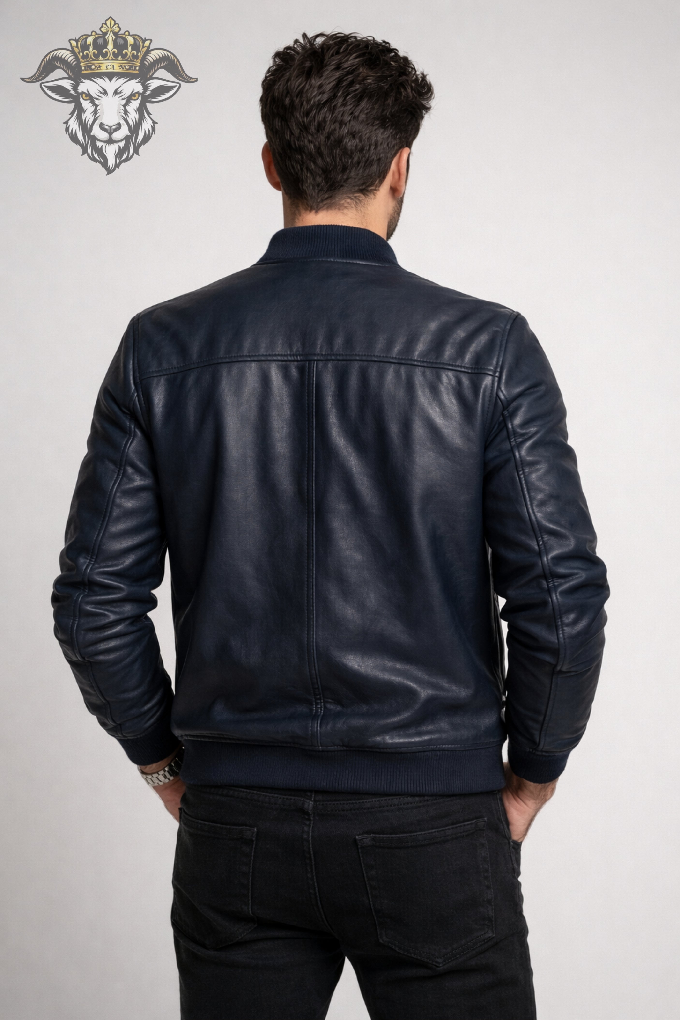 Men’s Navy Blue Real Leather Bomber Jacket