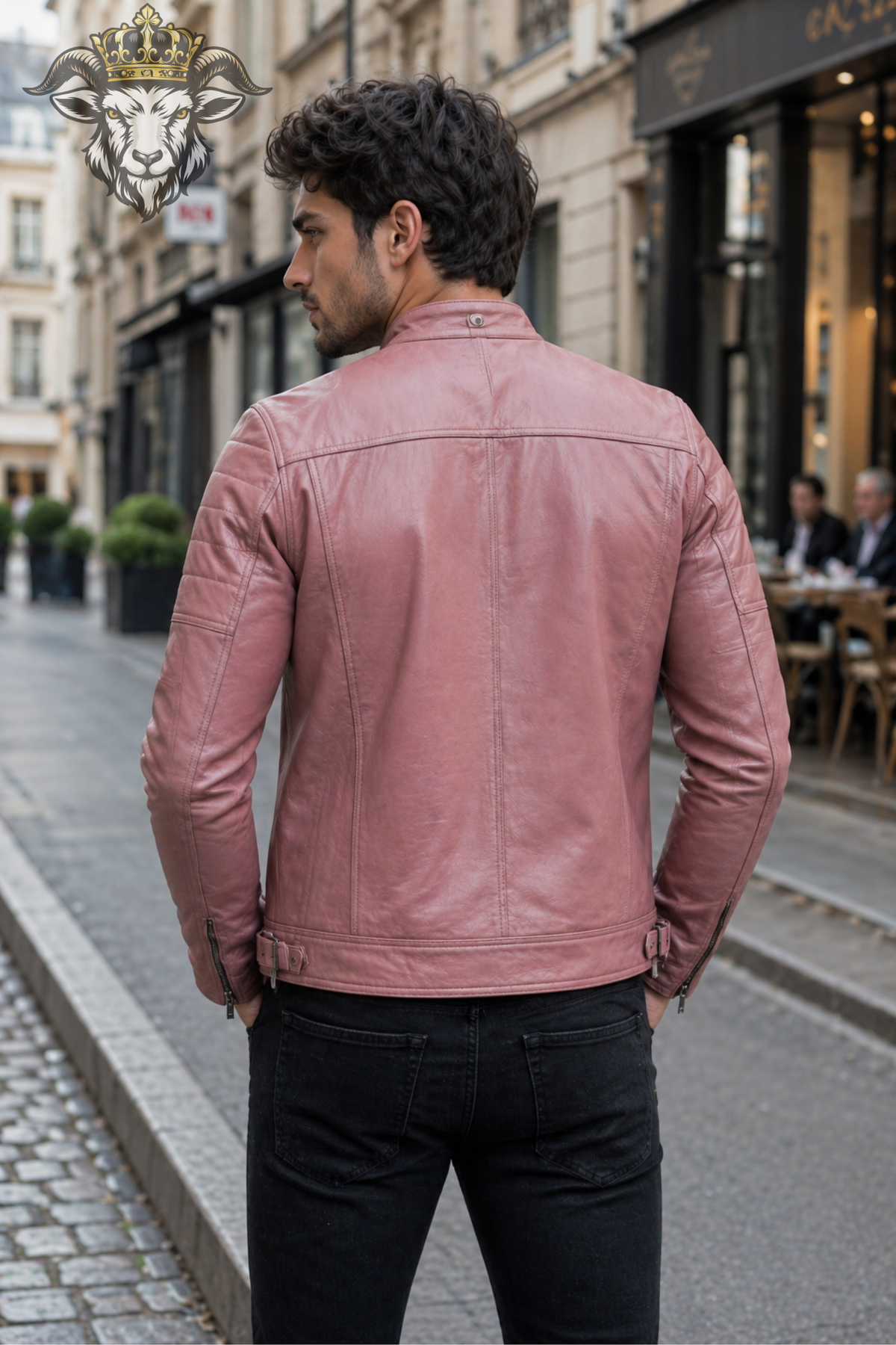 Men's Pink Real Leather Biker Jacket, PLANIO Slim Fit Moto Jacket, Stand Collar Cafe Racer Jacket, Quilted Shoulder Streetwear