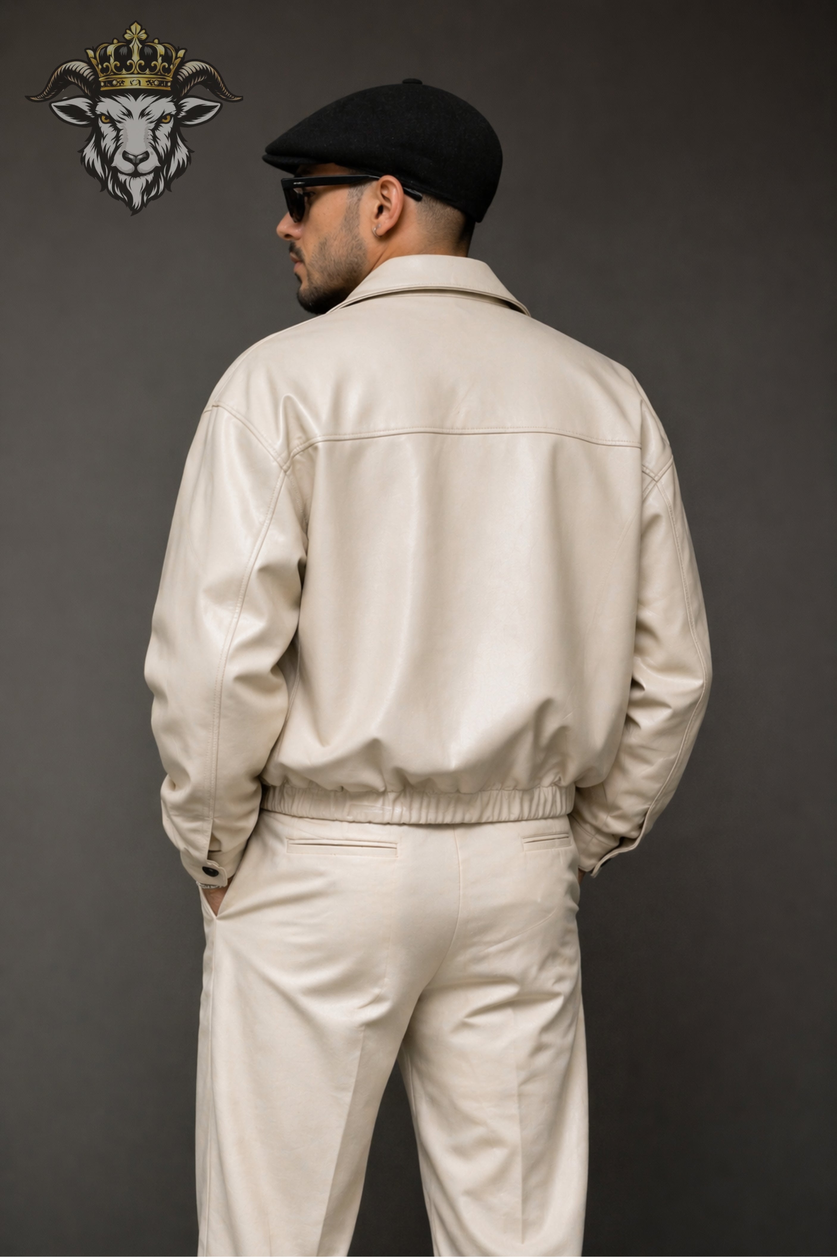 Cream Oversize Real Leather Bomber Jacket for Men
