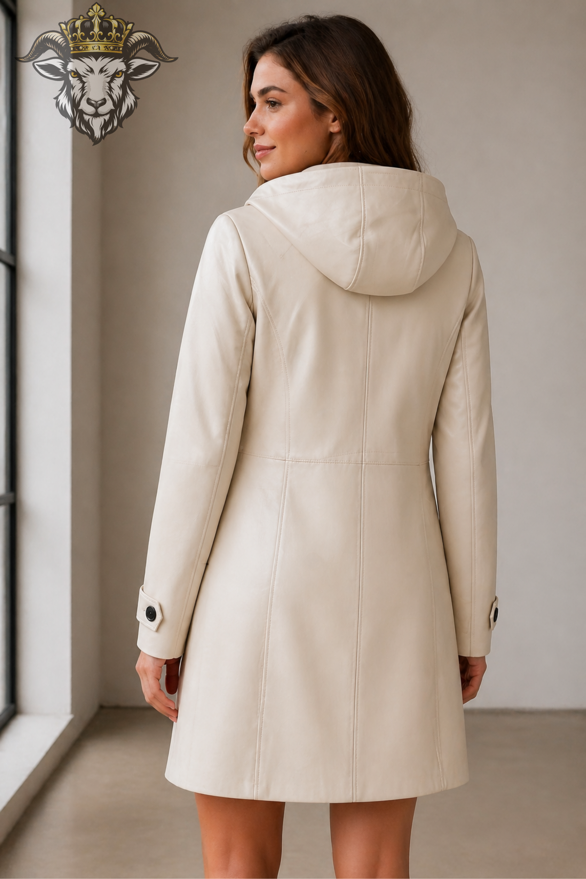 Women's Cream Leather Hooded Coat – Premium Matte Finish, Tailored A-Line Jacket with Black Buttons