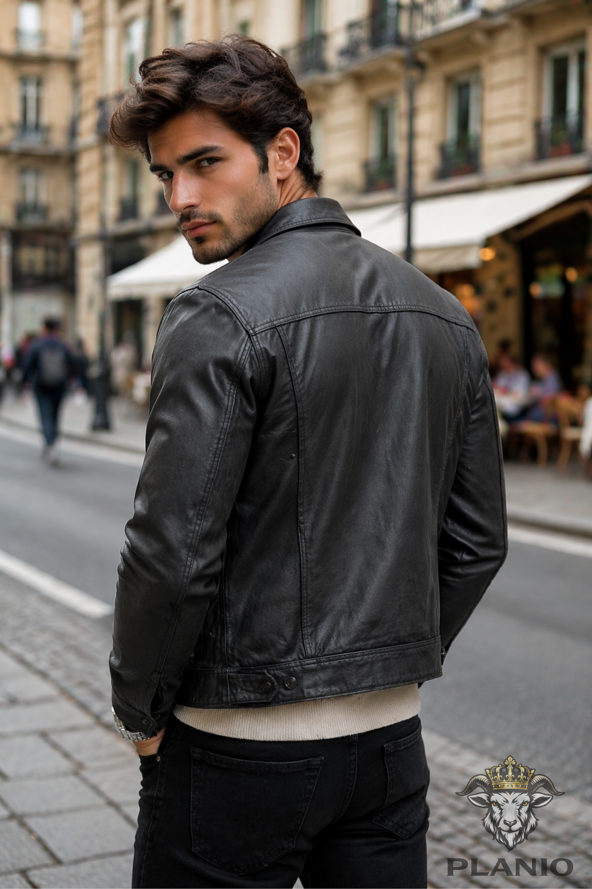 Men's Charcoal Leather Trucker Jacket – Premium Real Leather Button-Up Jacket with Chest Pockets
