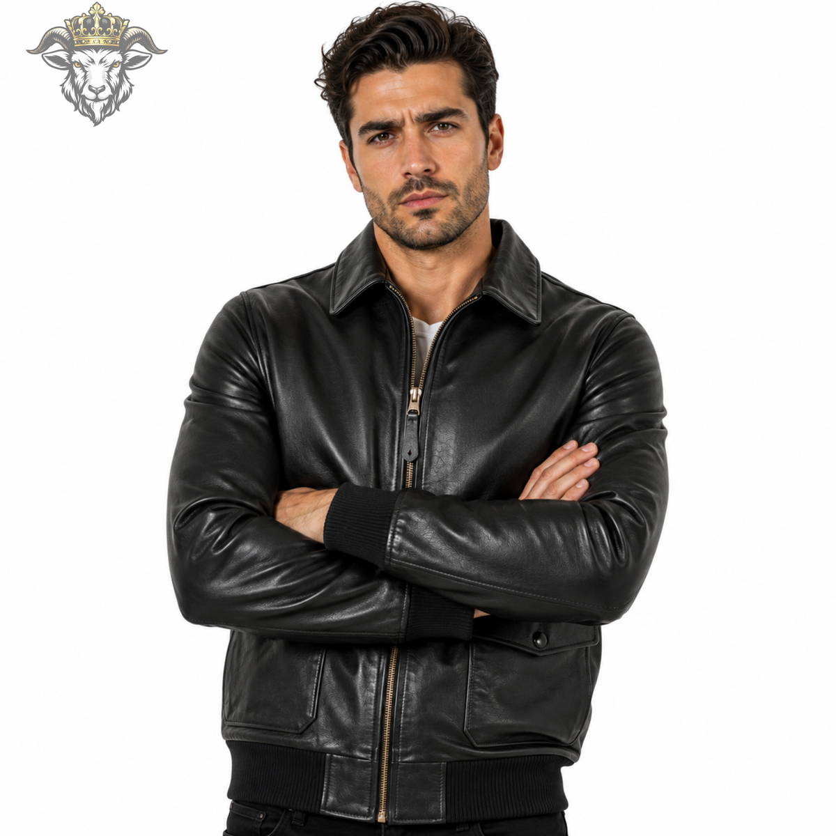 Men’s Black Genuine Leather Aviator Bomber Jacket, Classic Zip Front Leather Jacket, Ribbed Cuff Motorcycle Coat, Premium Mens Outerwear