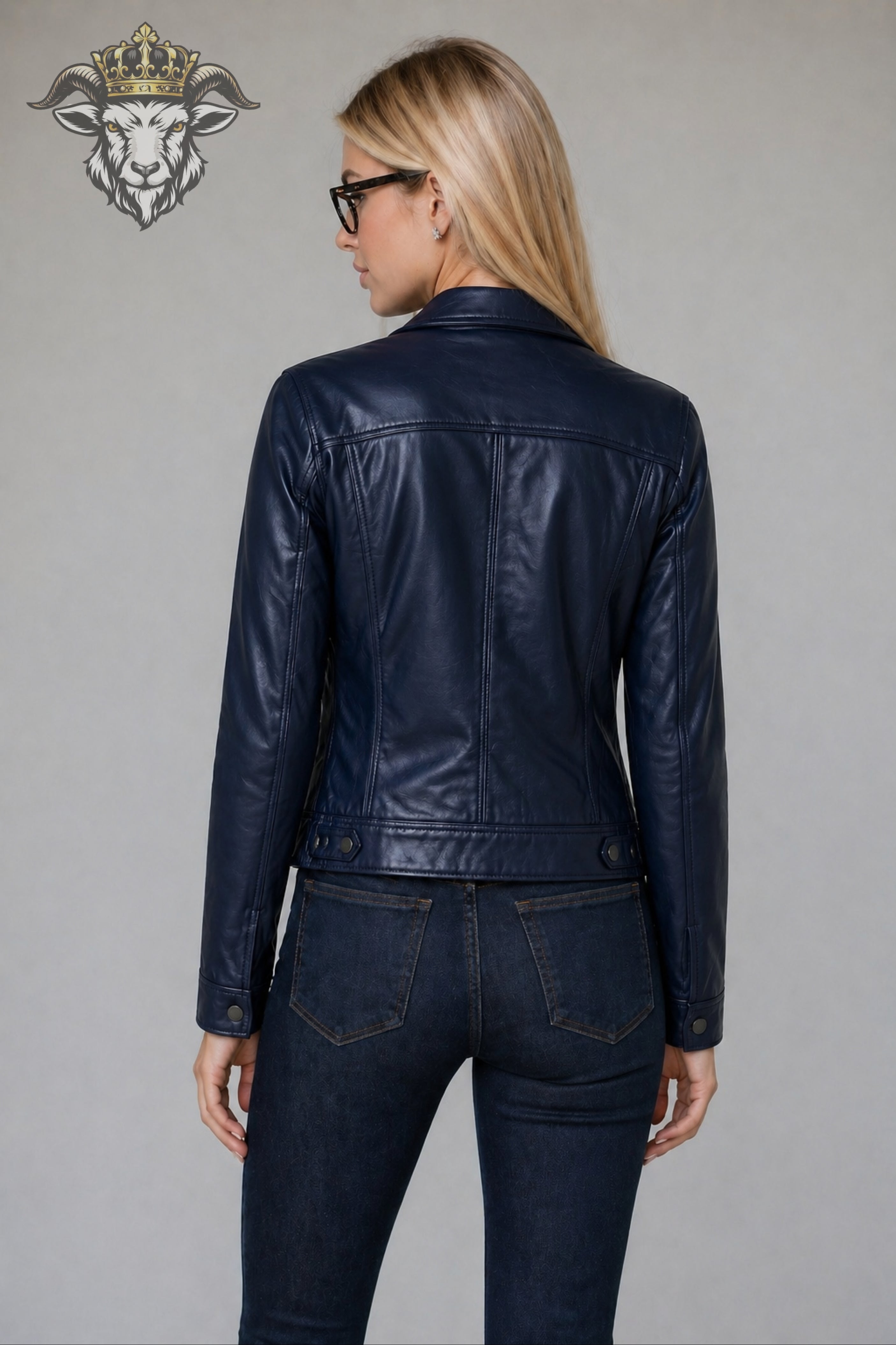 Women’s Navy Blue Real Leather Trucker Jacket