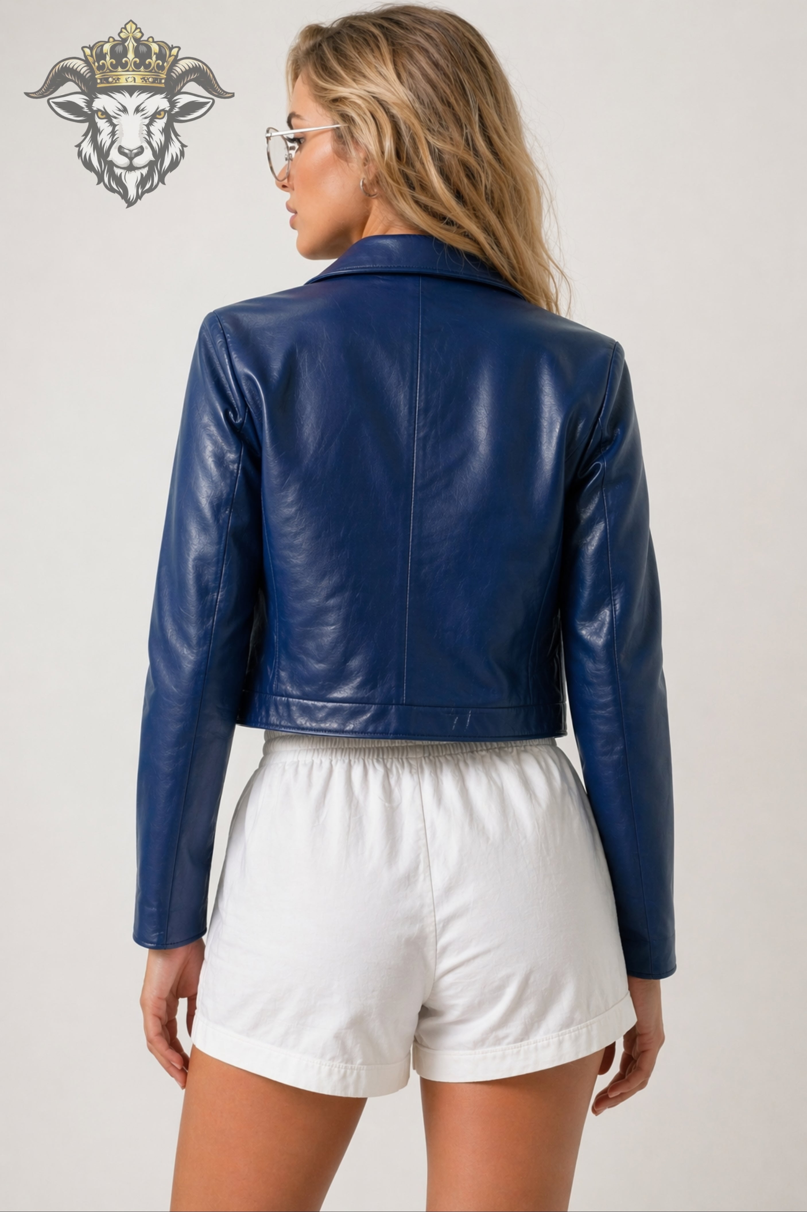 Women’s Blue Real Leather Cropped Jacket