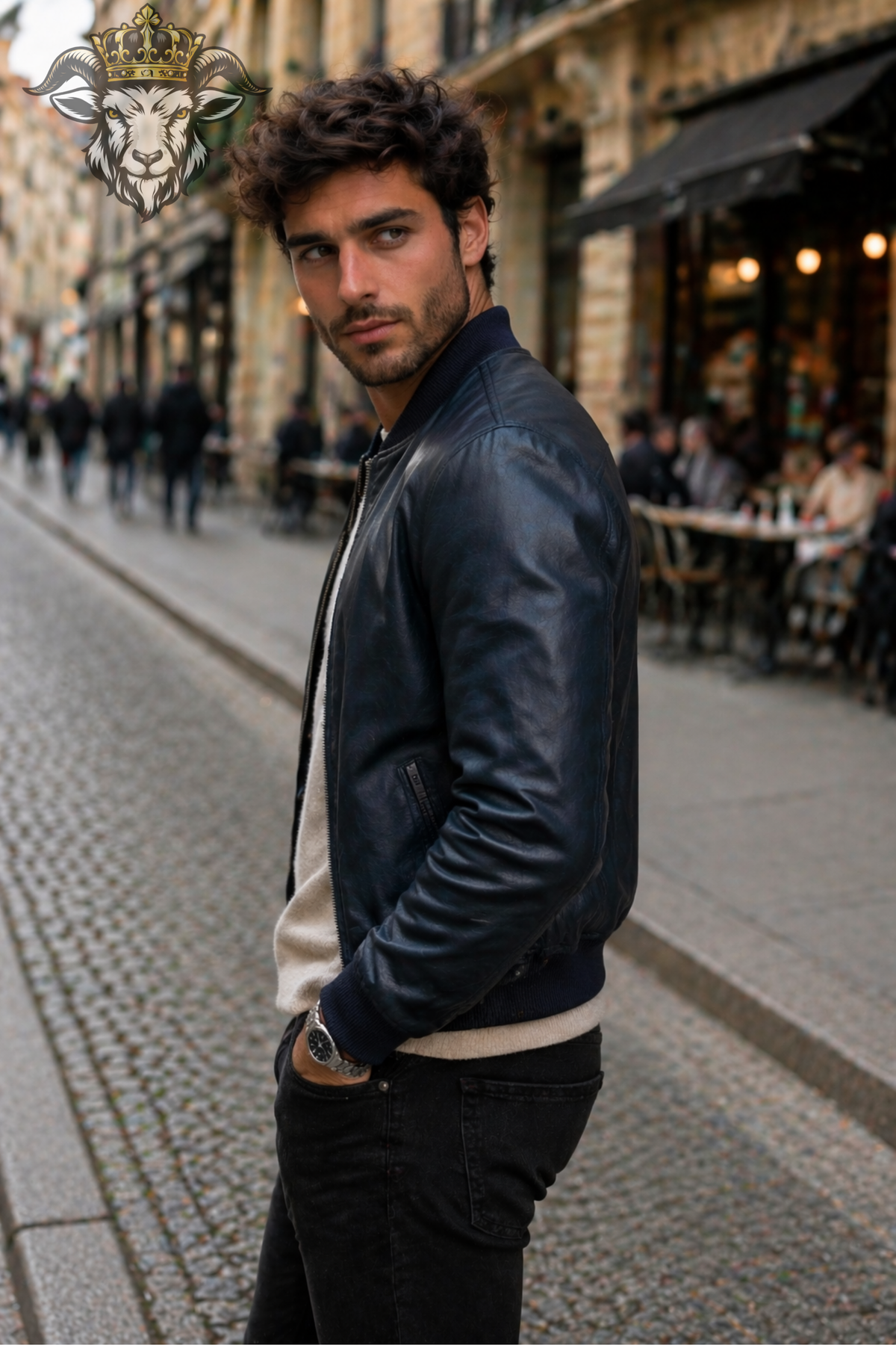 Men's Indigo Leather Bomber Jacket, Slim Fit Ribbed Collar Jacket, Classic Zip-Up Leather Outerwear, Minimalist Casual Moto Jacket