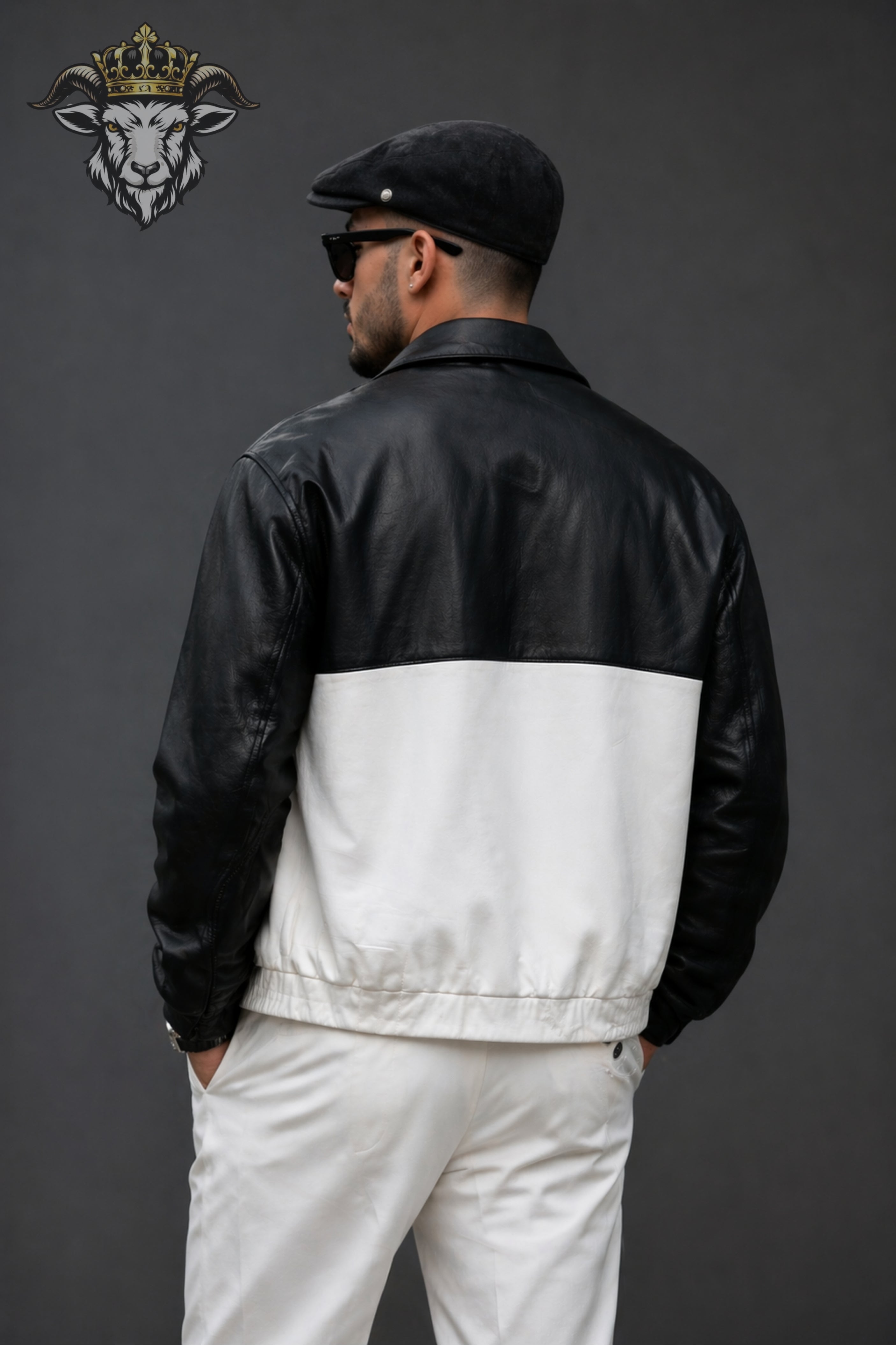 Men’s Two-Tone(Black/White) Oversize Real Leather Bomber Jacket
