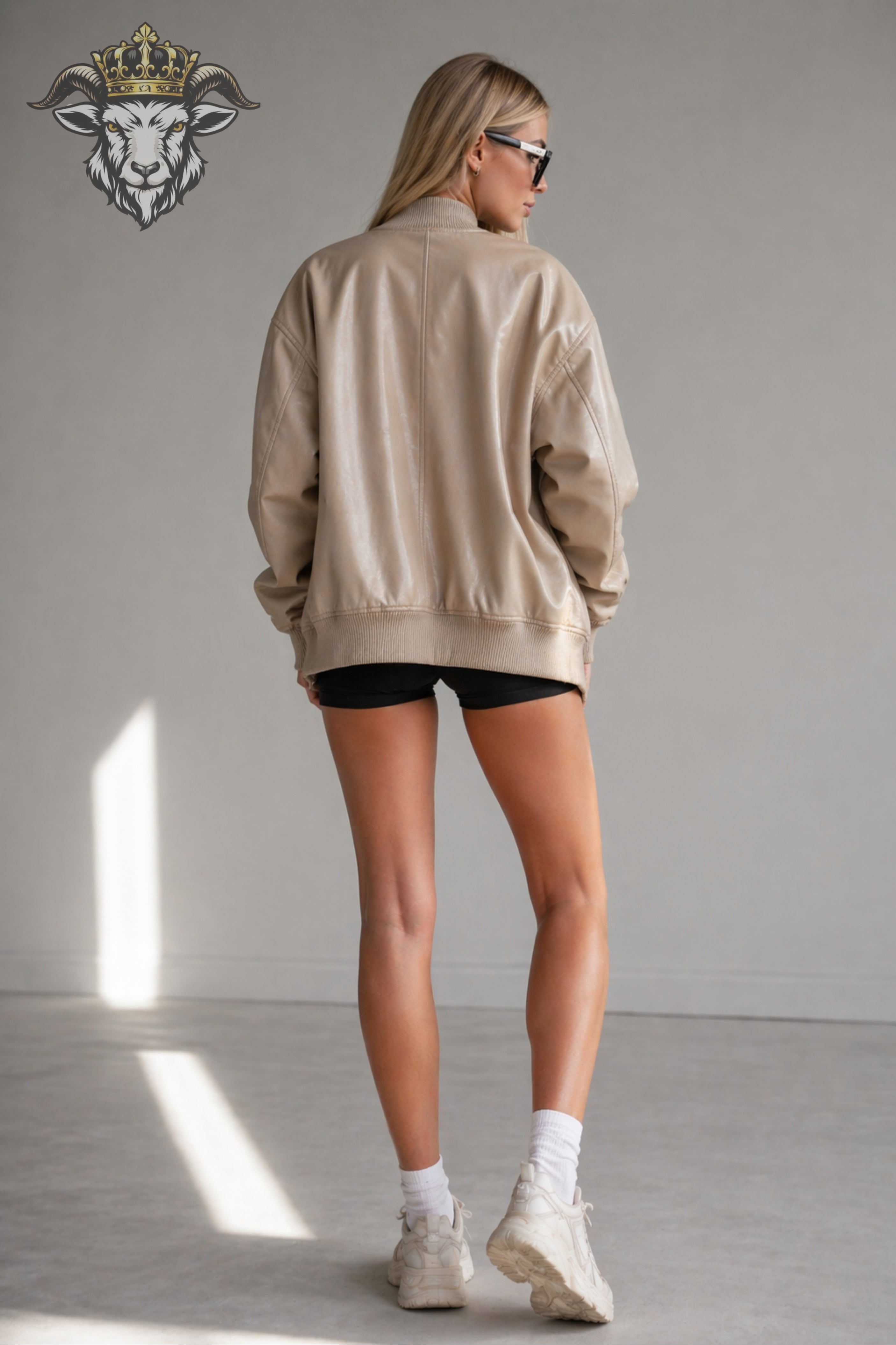 Women’s Beige Oversize Real Leather Bomber Jacket
