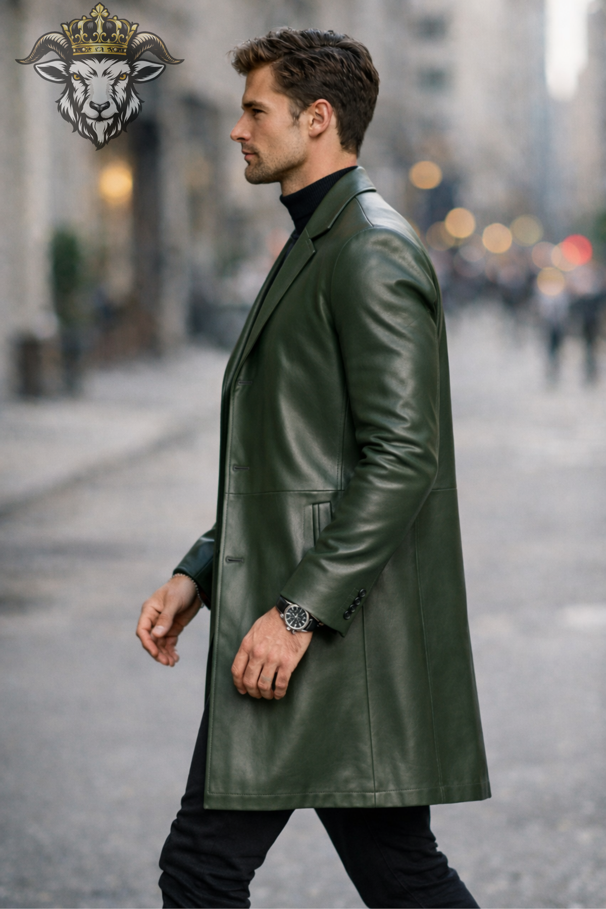 Men's Deep Green Leather Coat, Slim Fit Mid-Thigh Overcoat, Tailored Lapel Jacket, Classic Button Front Winter Outerwear