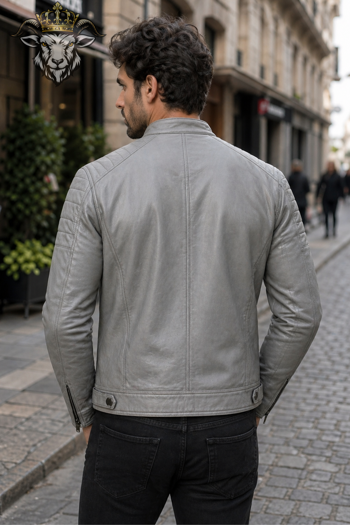 Men's Light Gray Real Leather Biker Jacket, PLANIO Cafe Racer Motorcycle Jacket, Slim Fit Moto Outerwear, Quilted Shoulder Detail
