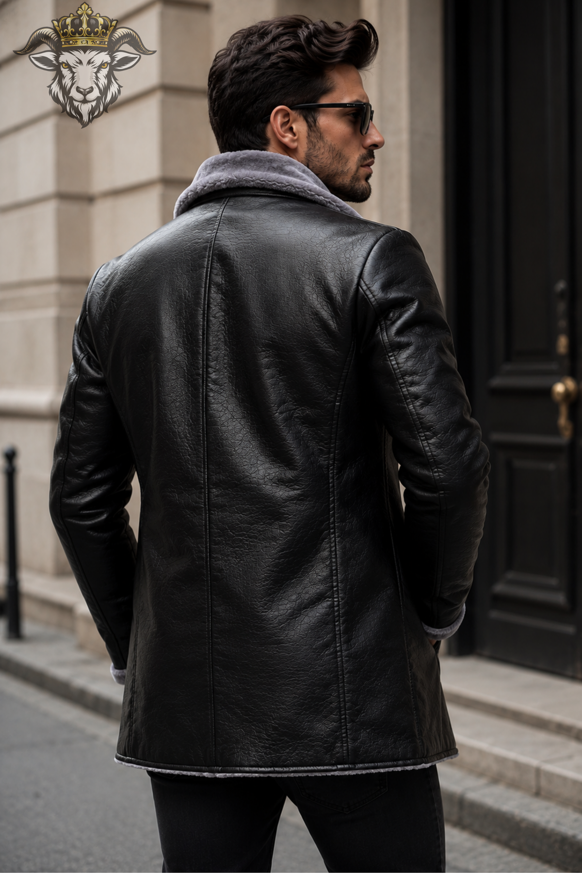 Men’s Black Shearling Leather Coat, Grey Fur Collar Winter Overcoat, Long Leather Jacket, Luxury Biker Trench Coat, Classic Mens Outerwear