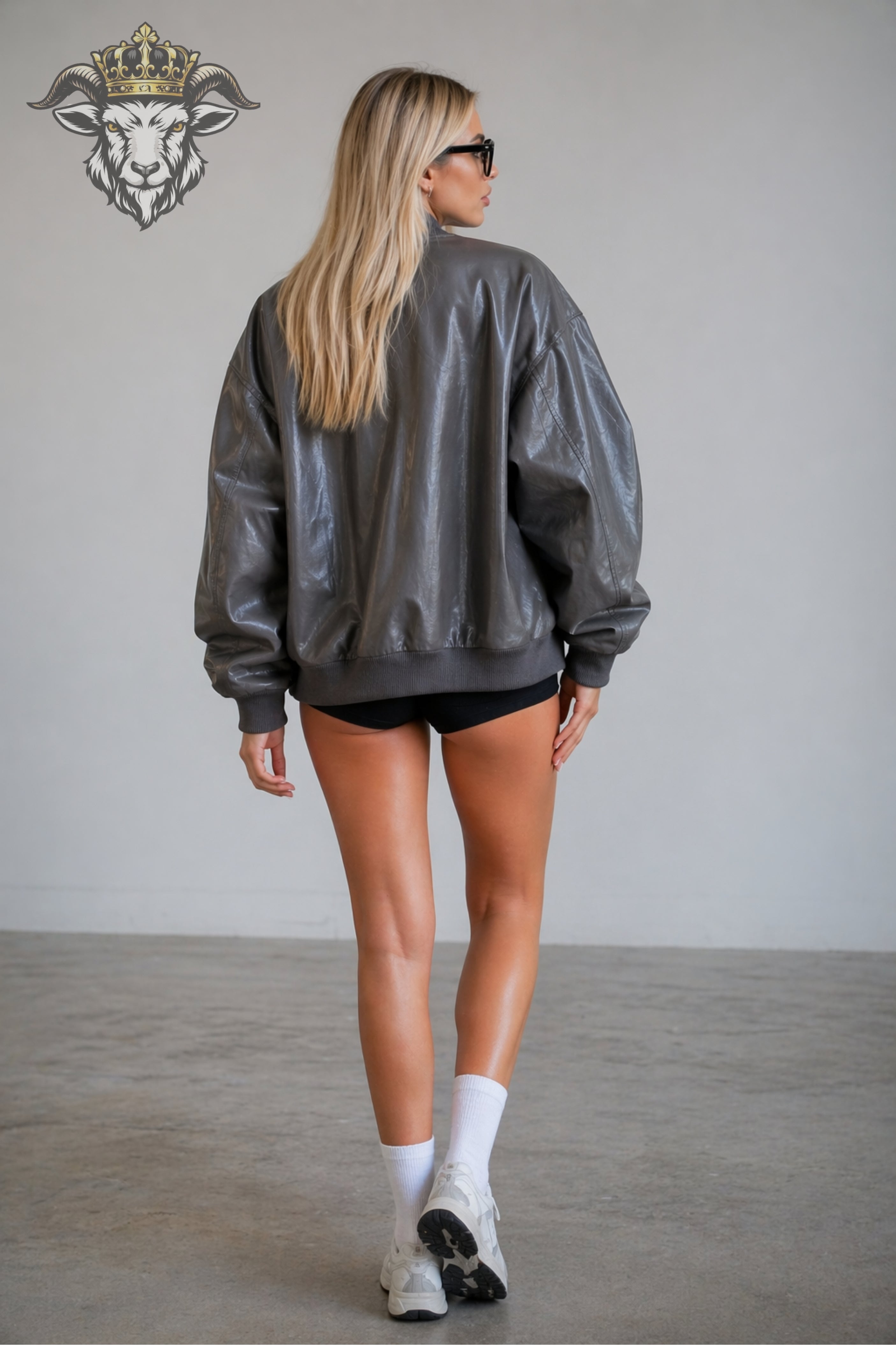 Women’s Grey Oversize Real Leather Bomber Jacket