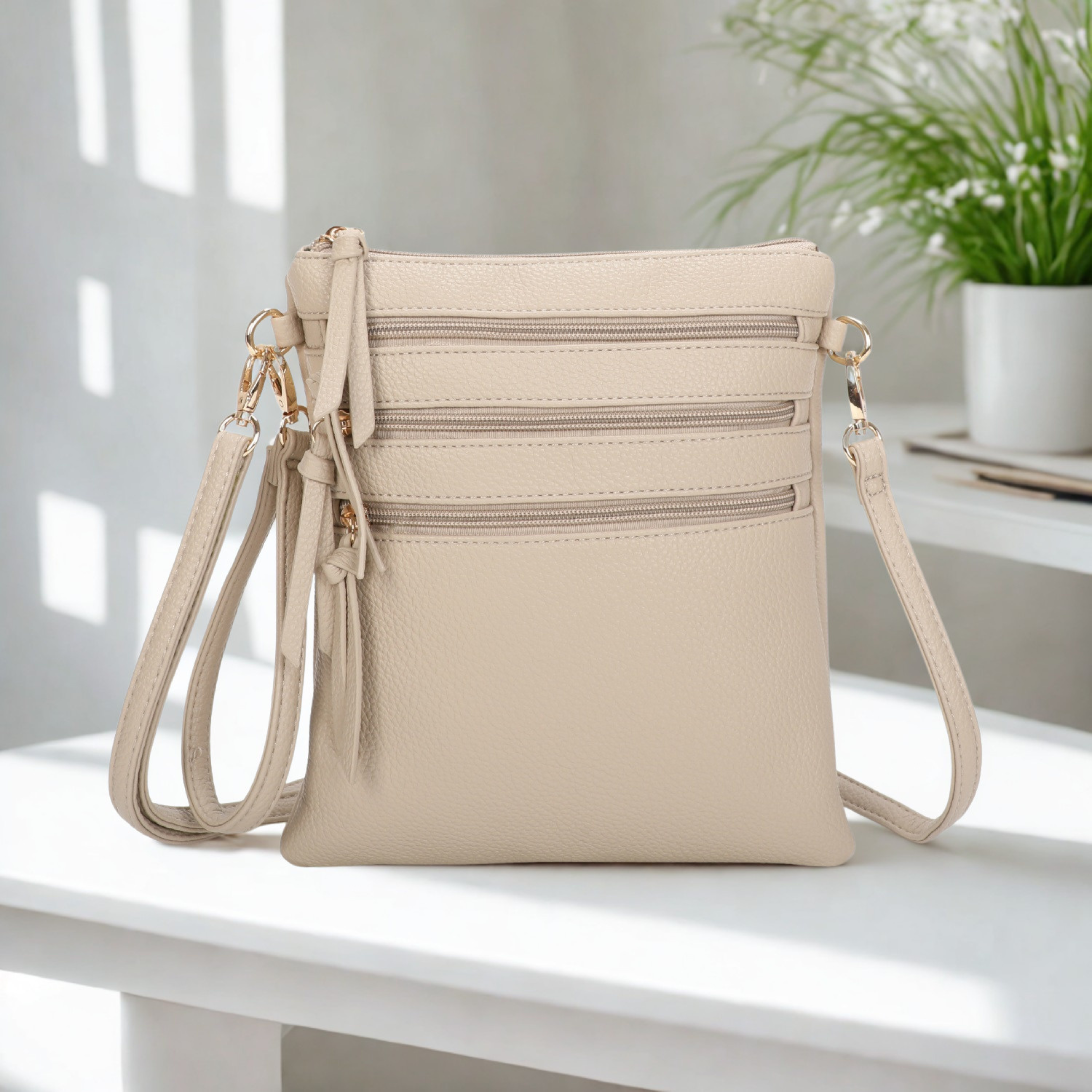 Women’s Multi Zip Crossbody Bag – Slim Synthetic Shoulder Bag with Adjustable Strap