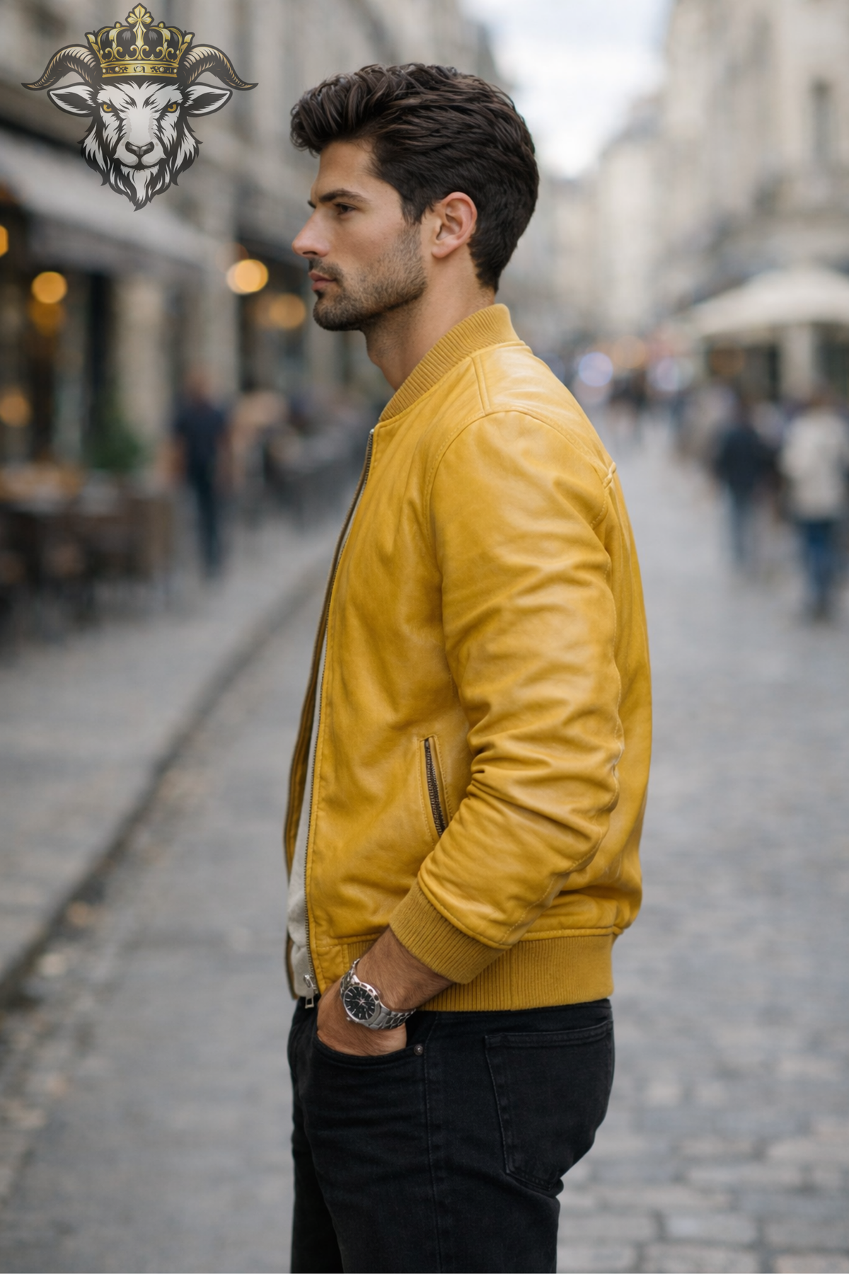 Men's Yellow Real Leather Bomber Jacket, Mustard Moto Jacket, Ribbed Collar Zip Jacket, Bold Vintage Streetwear Coat