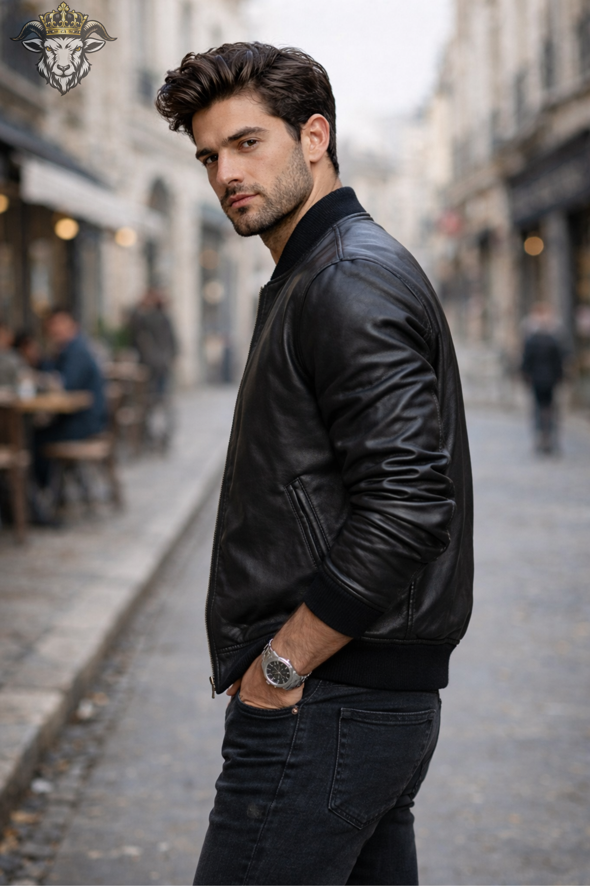 Men’s Black Leather Bomber Jacket | Classic Zip-Up Jacket | Ribbed Collar Outerwear | Modern Urban Streetwear