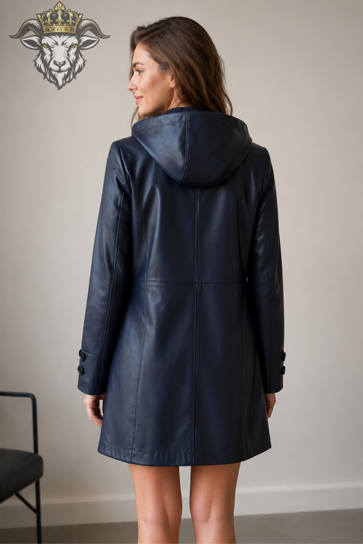 Women’s Navy Blue Hooded Leather Coat – Premium Long Tailored Jacket with Black Buttons, Elegant Winter Outerwear