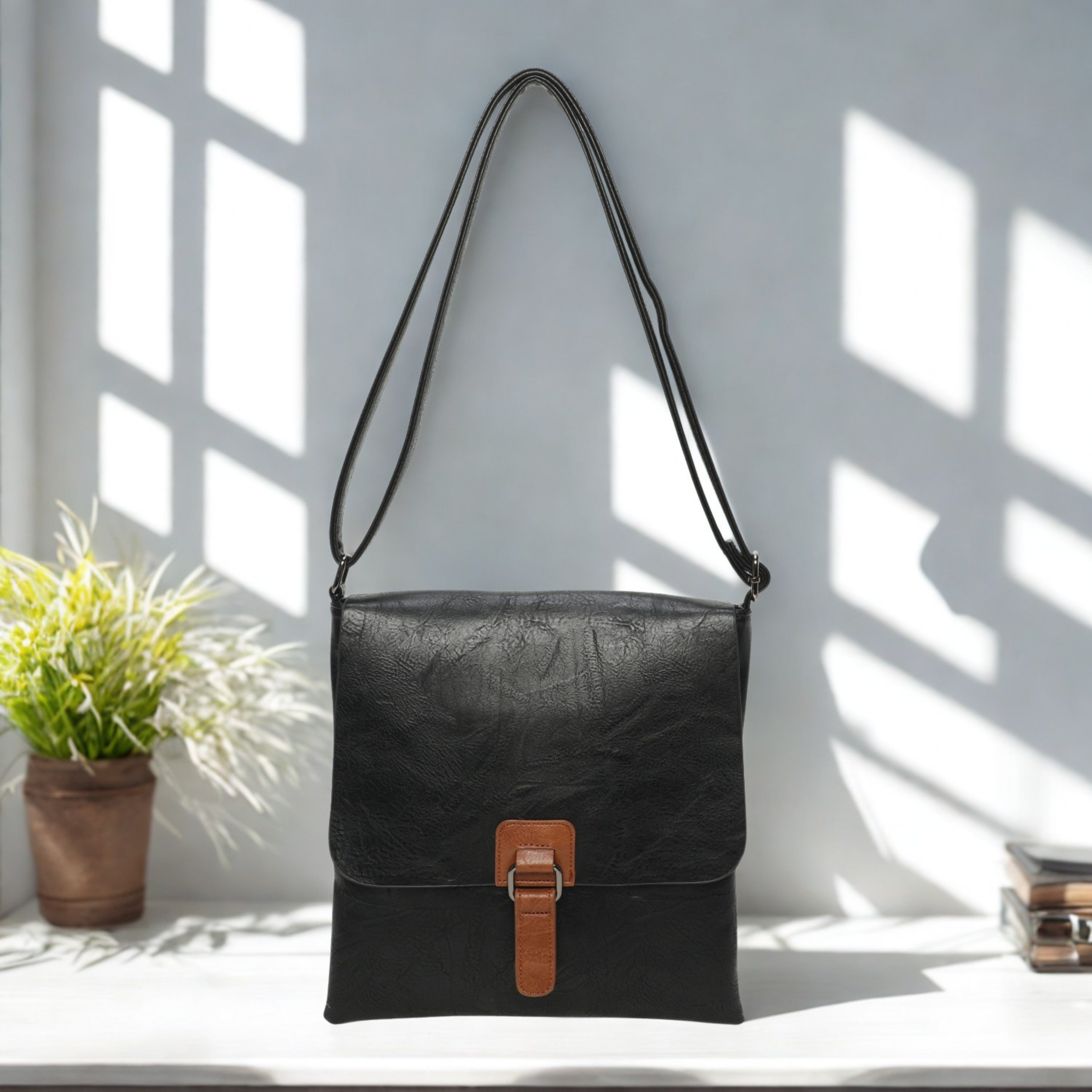 Women’s Slim Crossbody Shoulder Bag – Flap Over Synthetic Leather Handbag with Adjustable Strap, Back Zip Pocket & Dark Silver Hardware