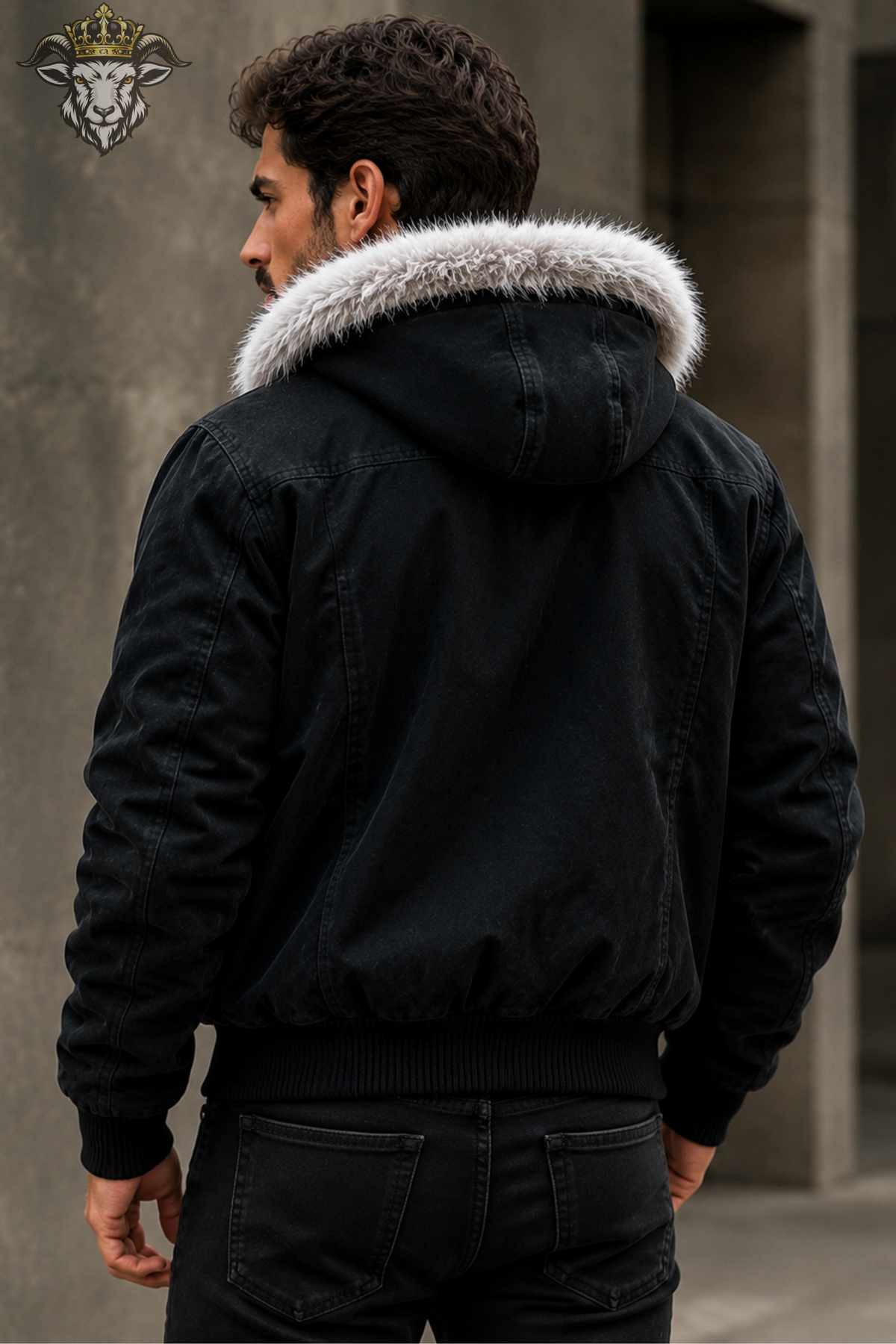 **Men's Black Faux Fur Hooded Bomber Jacket, Leather-Style Winter Jacket, Warm Fur Lined Coat, Urban Streetwear Jacket**