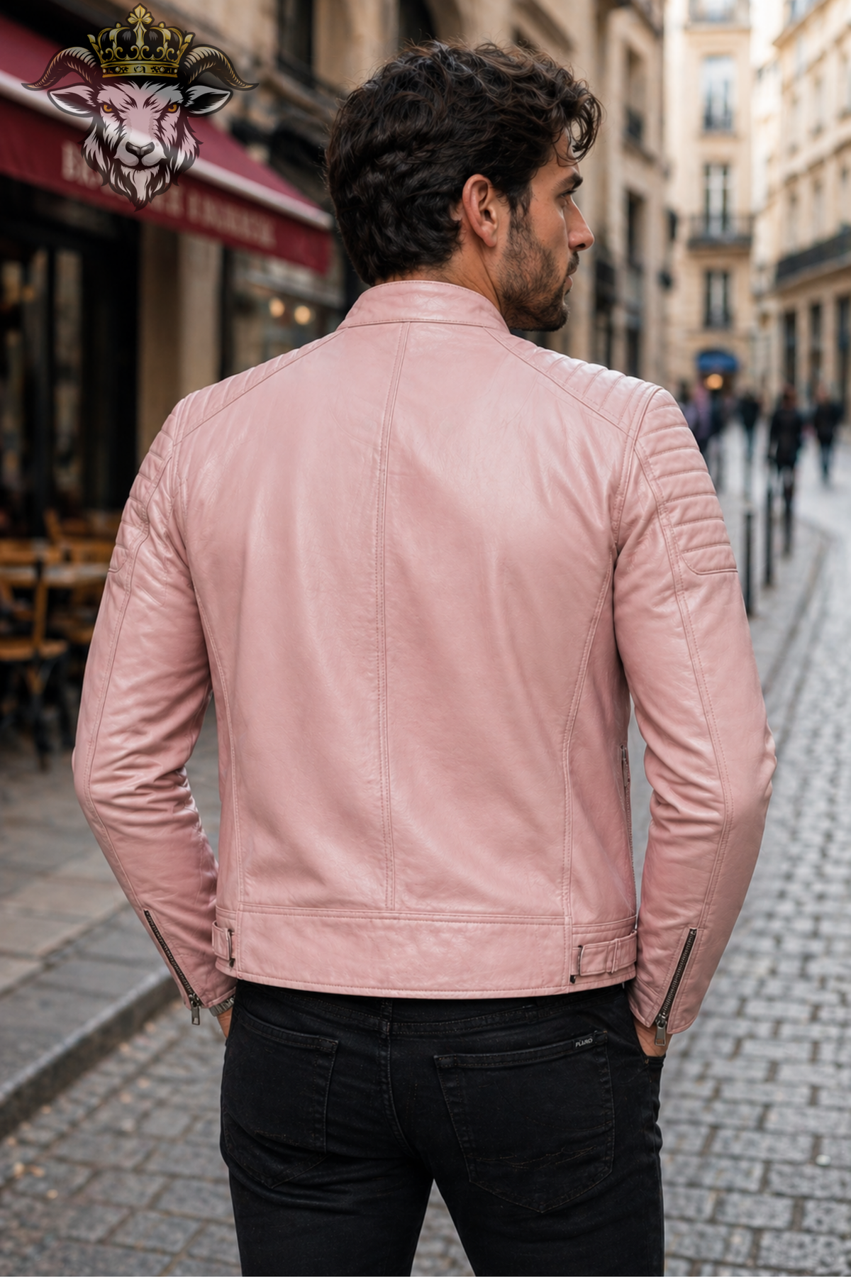 Men's Baby Pink Real Leather Biker Jacket – Slim Fit Motorcycle Jacket, PLANIO Cafe Racer Moto Jacket, Quilted Leather Jacket for Men