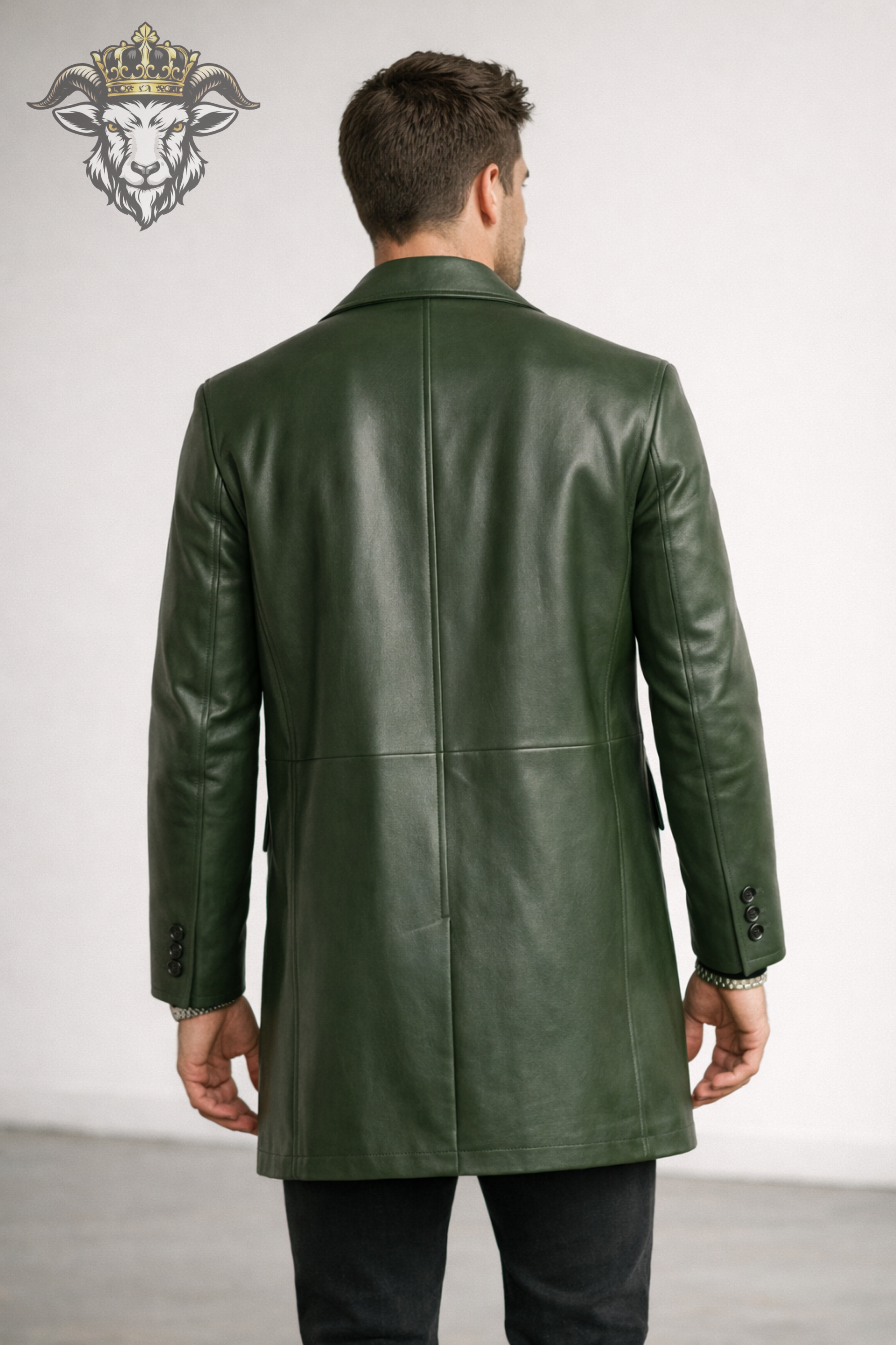 Men’s Green Real Leather Coat – Mid-Thigh Premium Matte Finish Overcoat | Slim Fit Modern Leather Jacket for Men