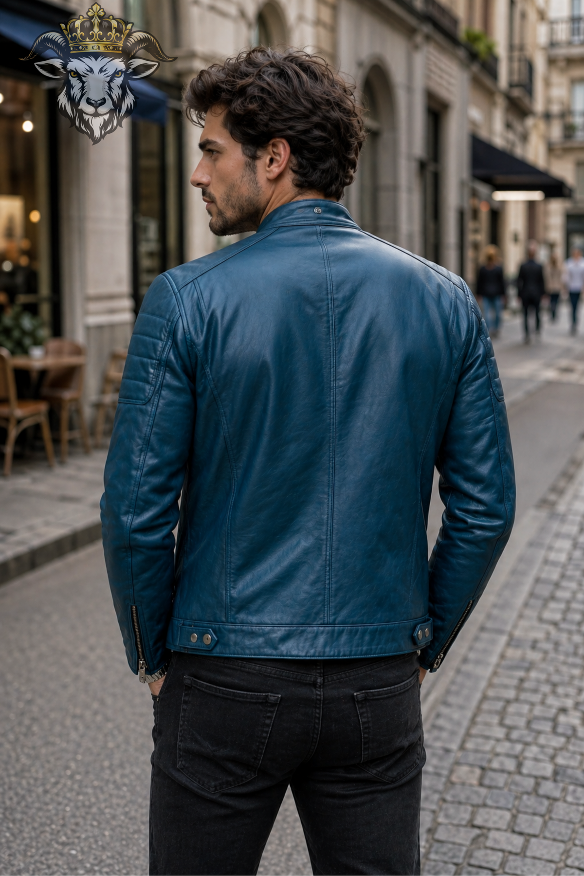 Men's cyan PLANIO real leather biker jacket with quilted shoulders and zipper pockets