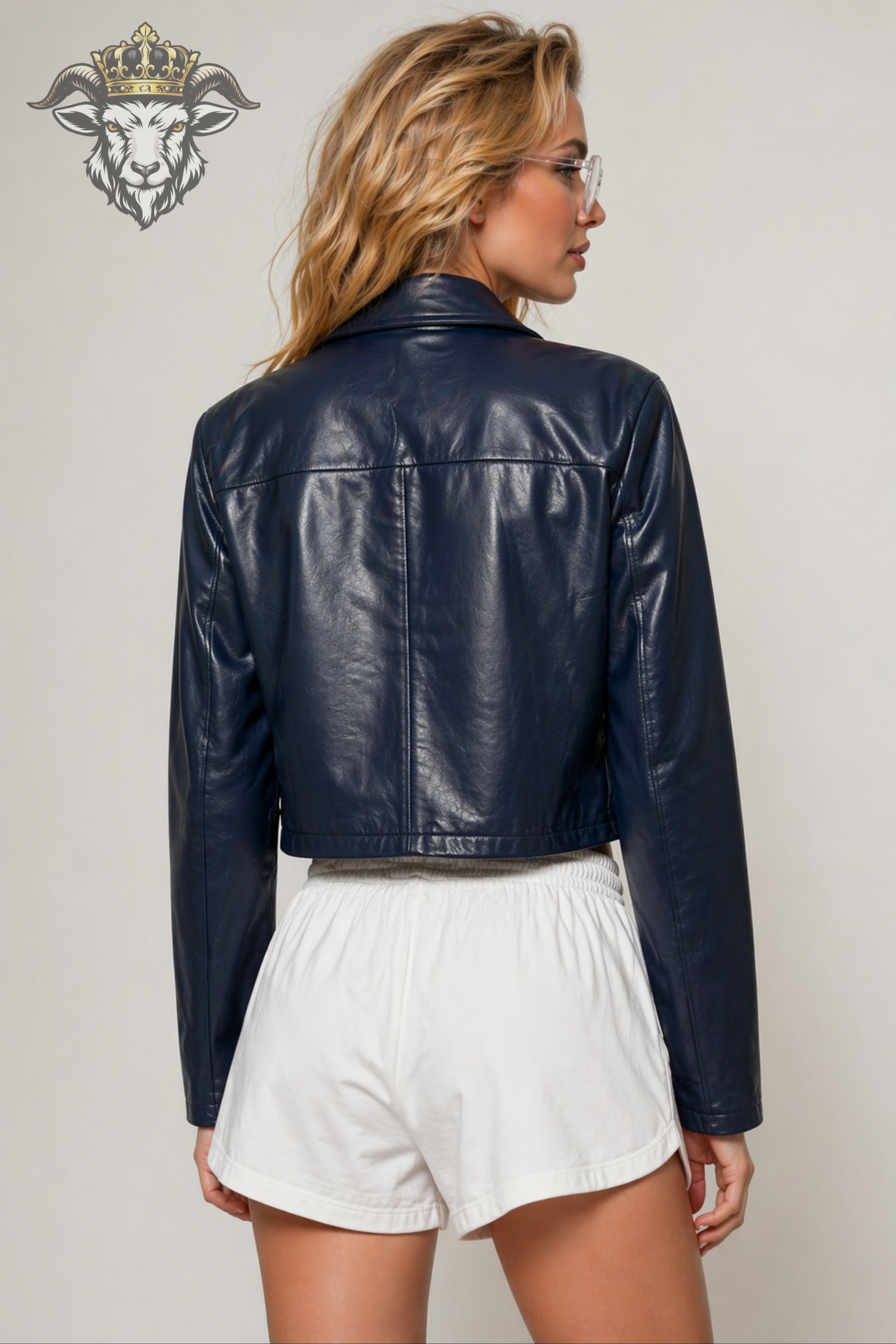 Women’s Navy Blue Real Leather Cropped Jacket