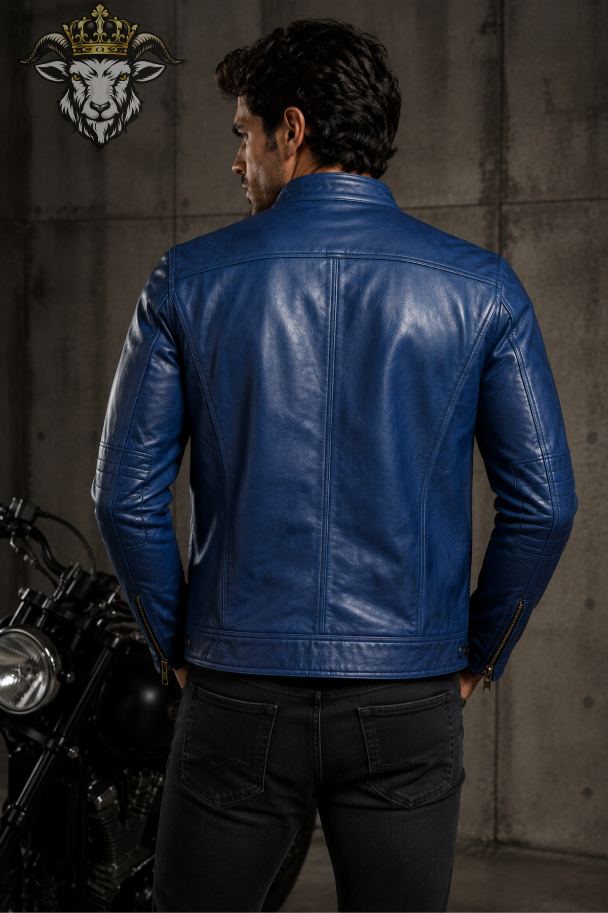 Men's Royal Blue Real Leather Biker Jacket – Slim Fit Motorcycle Jacket, Stand Collar Moto Jacket, Men's Blue Leather Coat