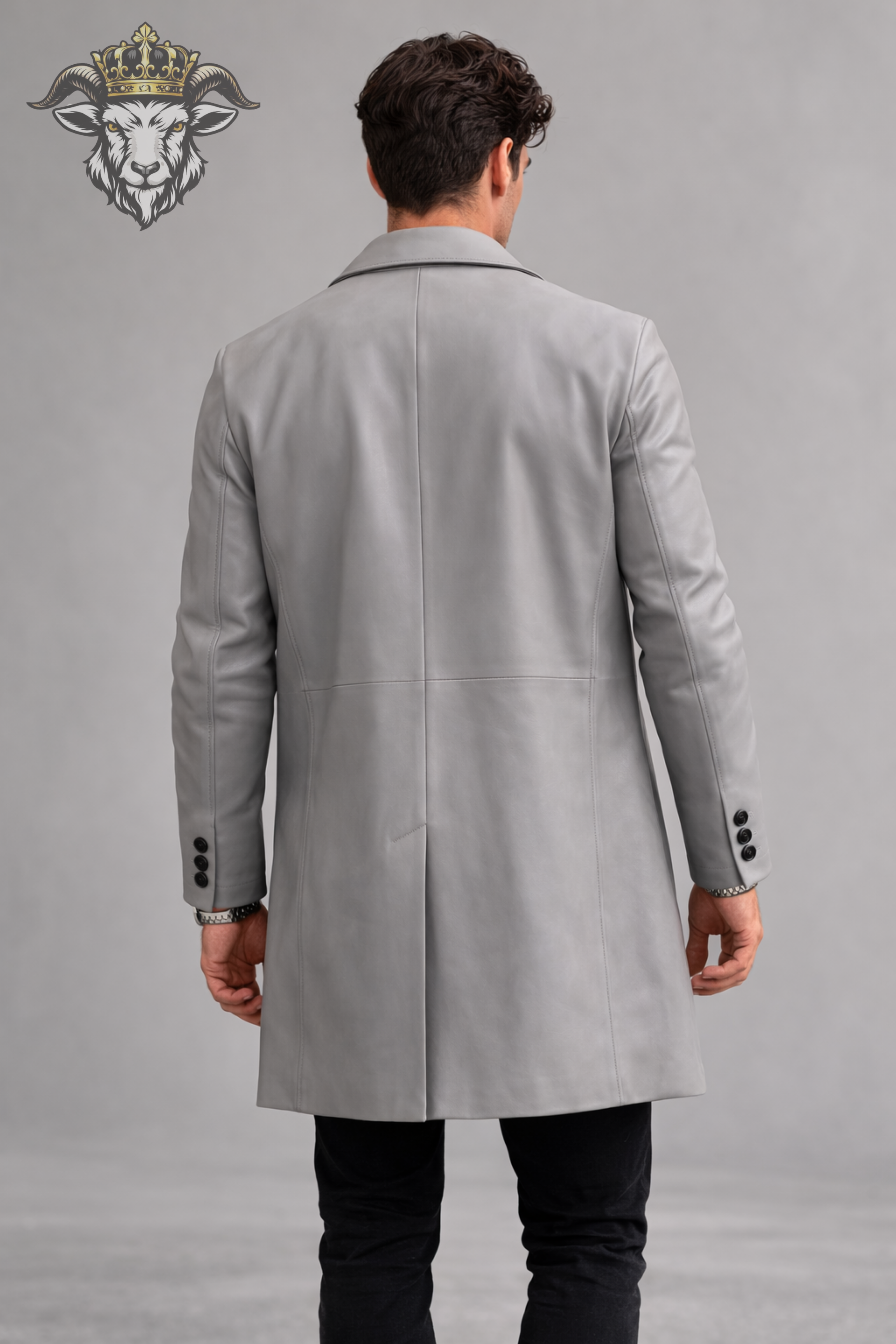 Men’s Light Grey Real Leather Coat – Mid-Thigh Premium Tailored Overcoat | Modern Slim Fit Jacket with Black Buttons
