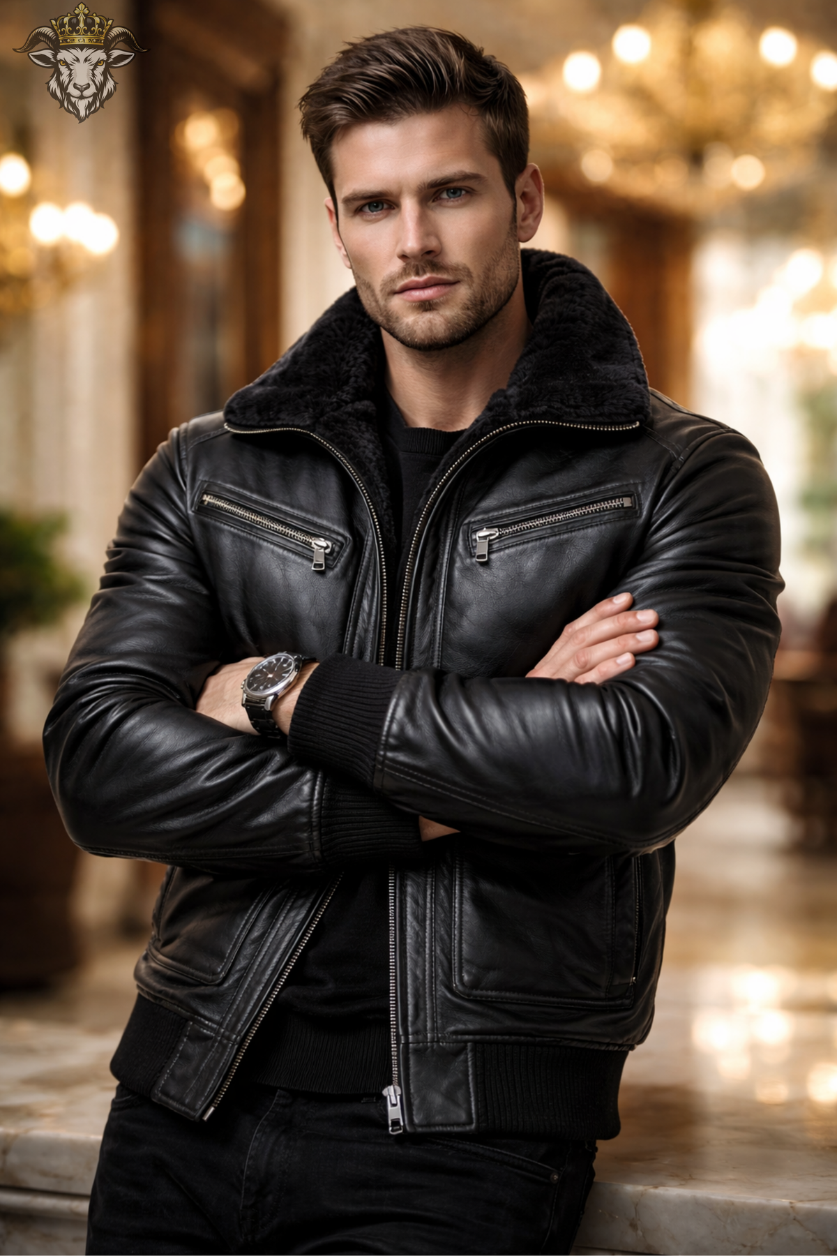 Men’s Black Real Leather Bomber Jacket, Faux Fur Lined Aviator Jacket, Winter Leather Jacket, Classic Mens Outerwear