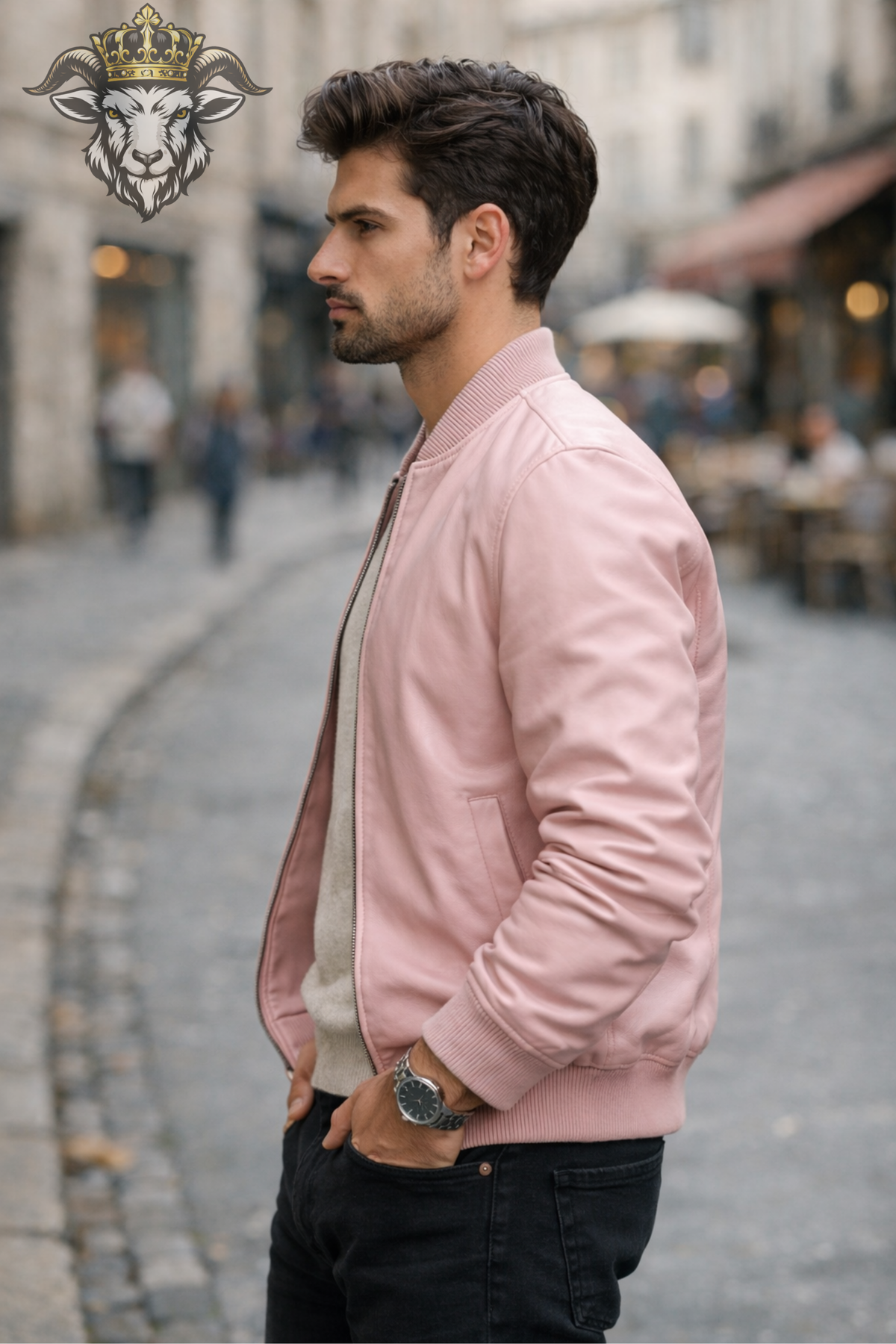 Men's Pink Leather Bomber Jacket, Soft Leather Zip Jacket, Ribbed Collar Casual Streetwear Jacket, Modern Pastel Outerwear for Men