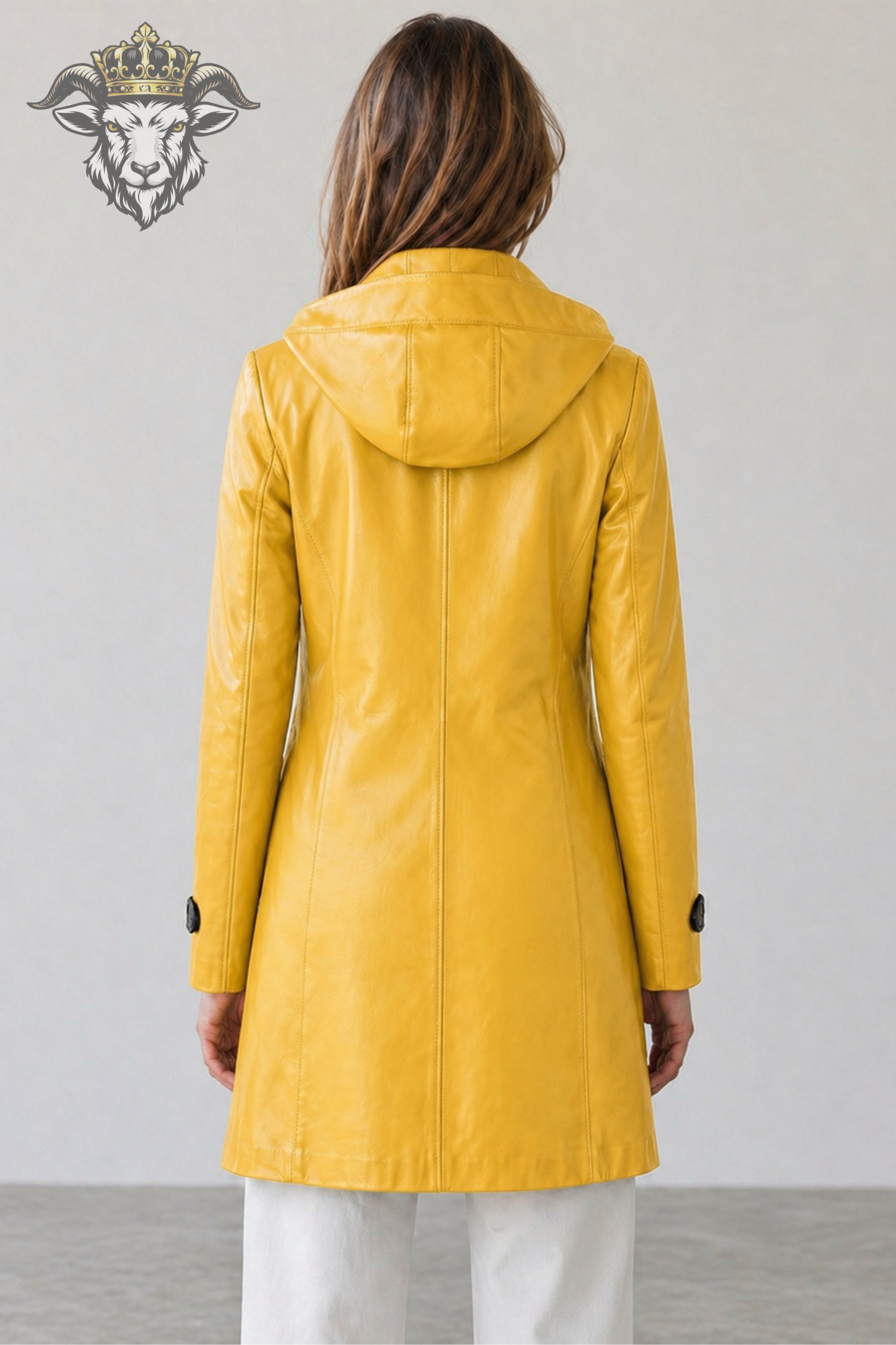 Women’s Yellow Real Leather Hooded Coat