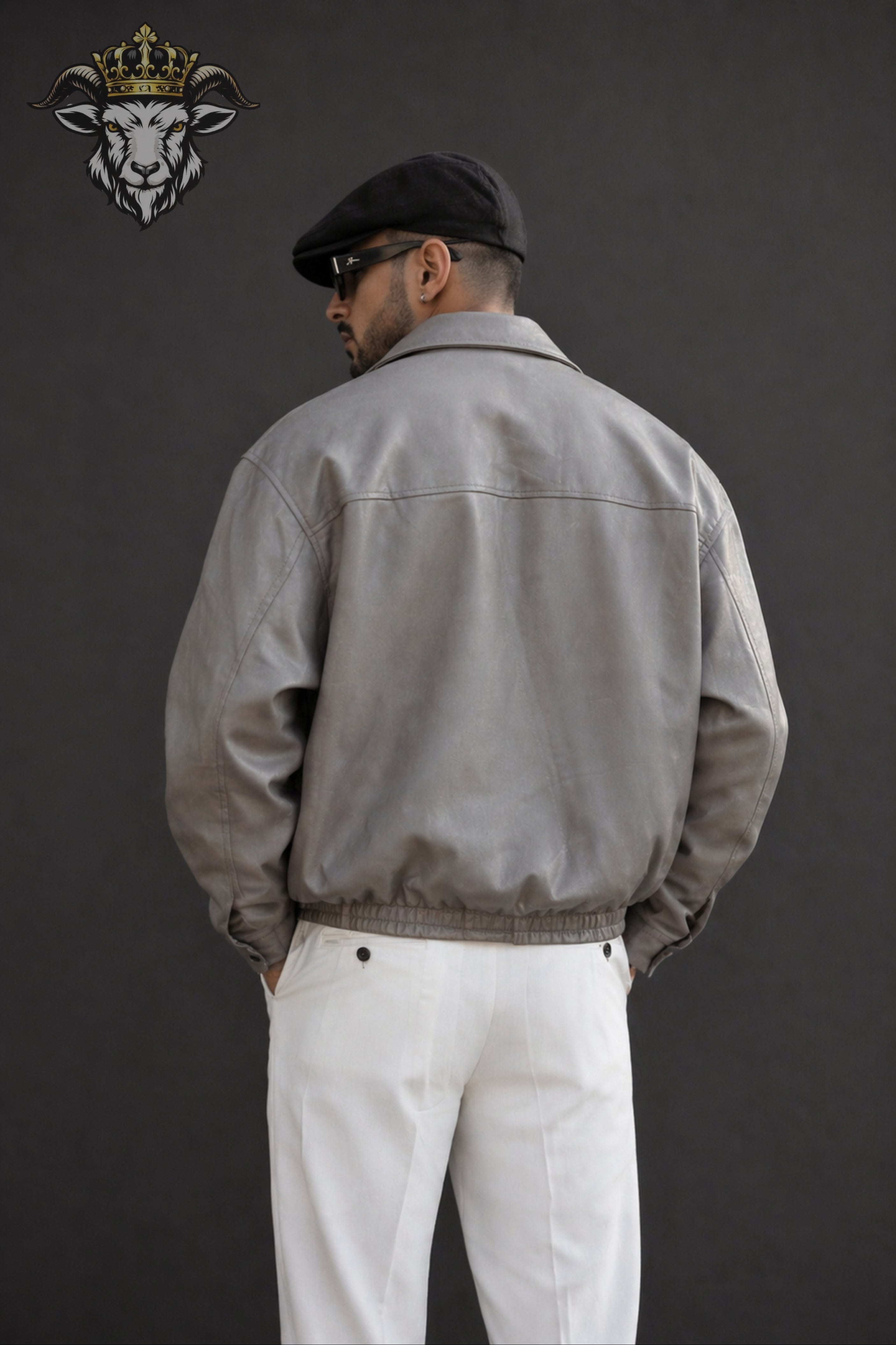 Men’s Light Grey Oversize Real Leather Bomber Jacket