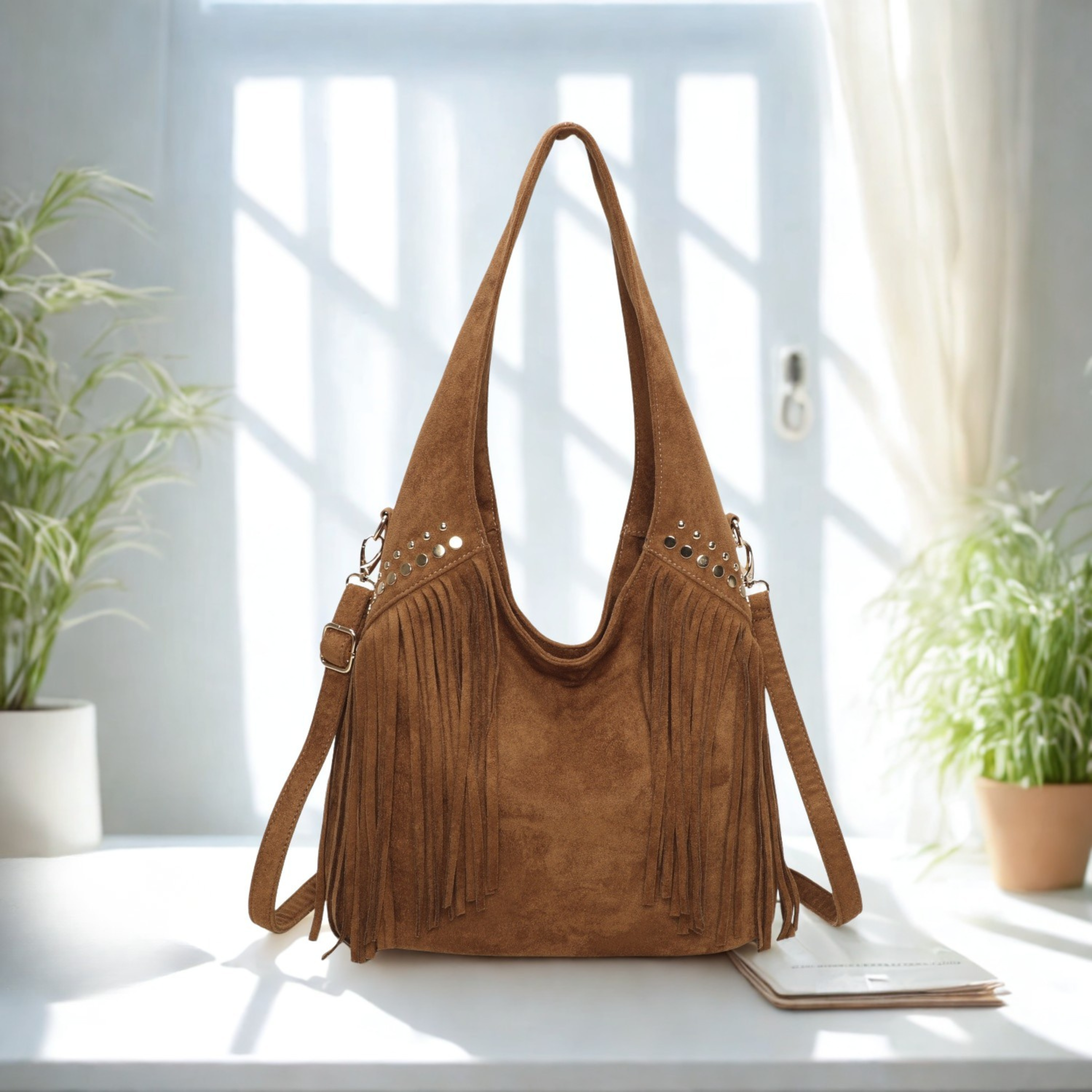 Women’s Suede Effect Fringe Hobo Shoulder Bag Tassel Studded Handbag with Strap